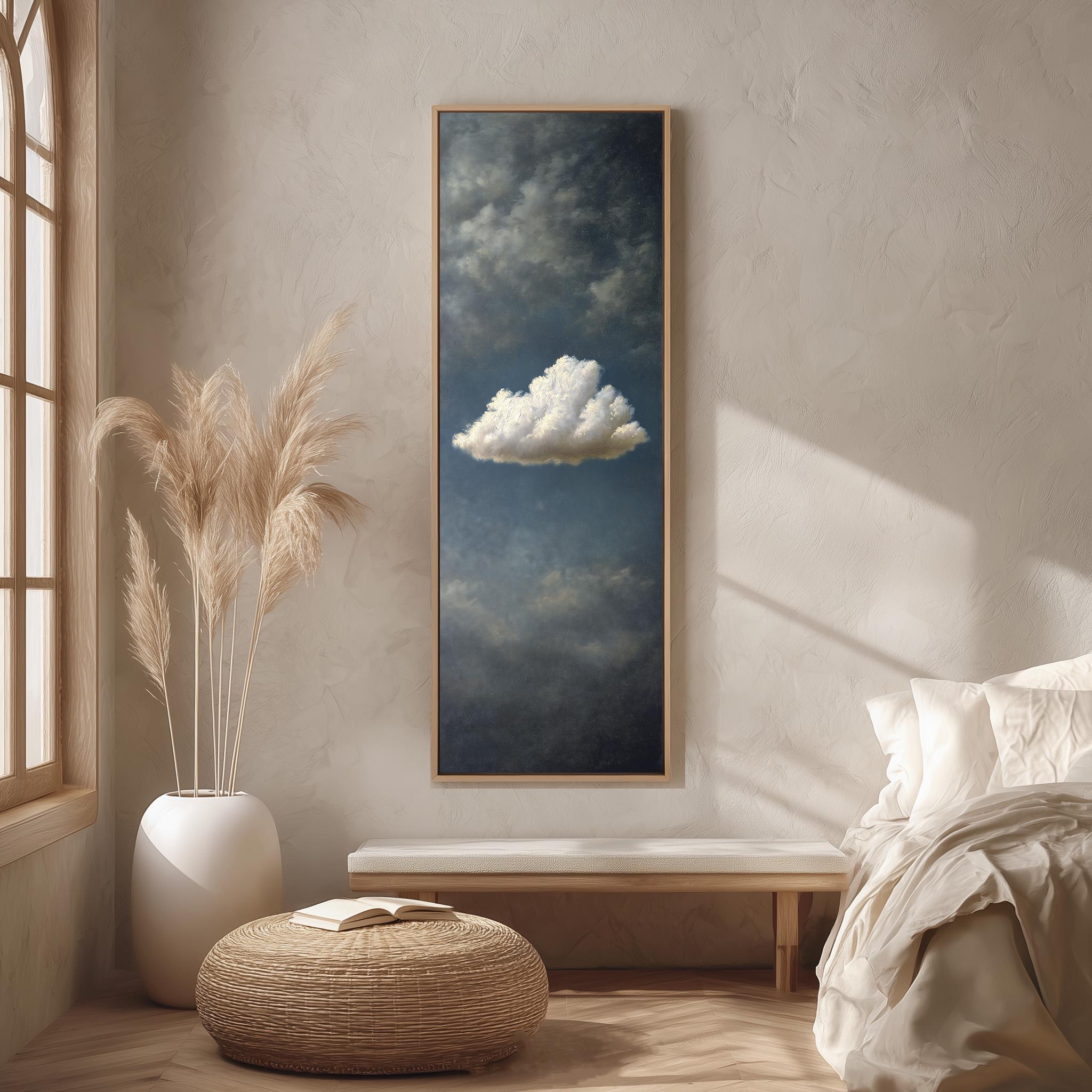a serene bedroom scene with a large painting of a cloud hanging on the wall, a white bed with a white pillow, a white vase with tall potted plants, and a woven ottoman.