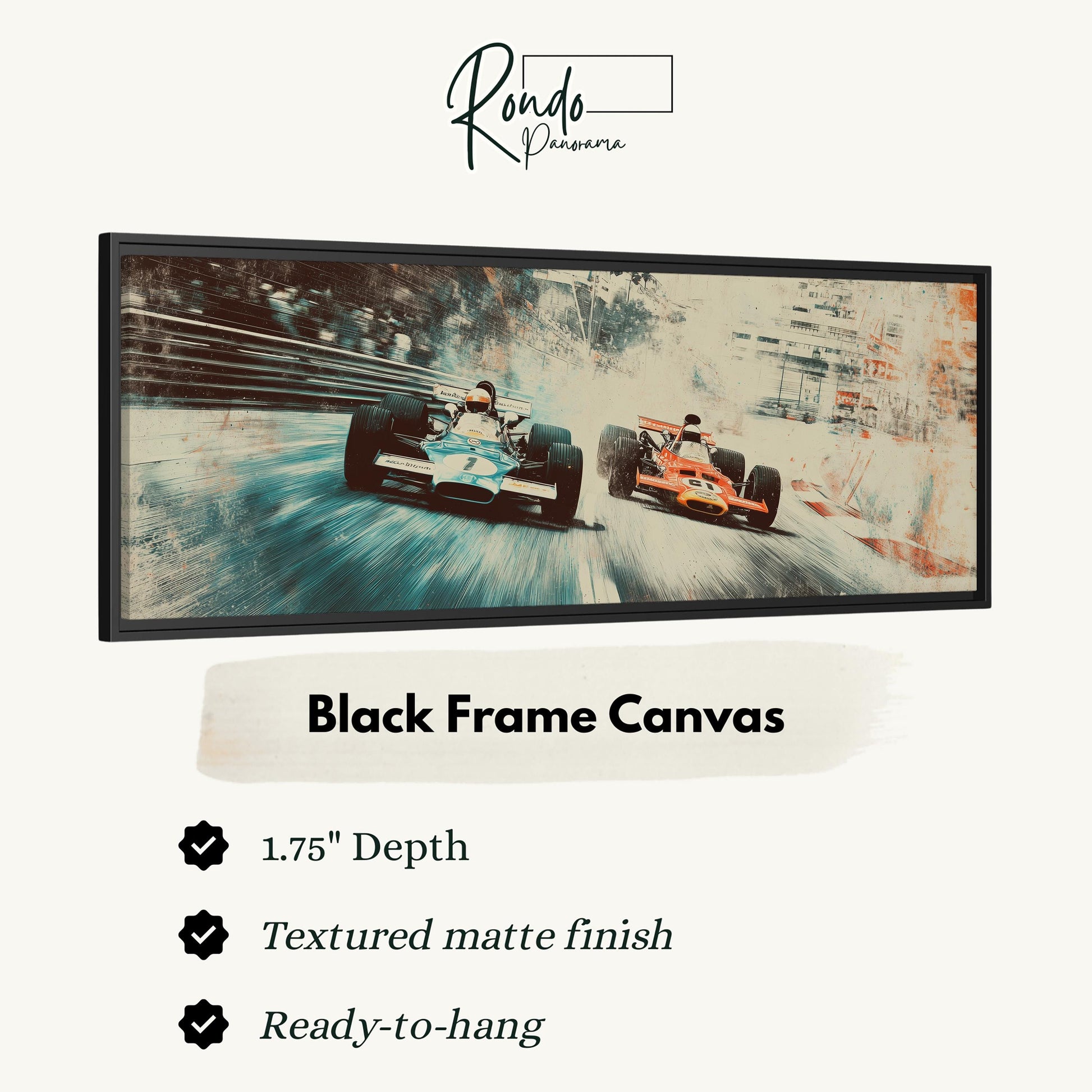 a black frame canvas with a racing car image on it.