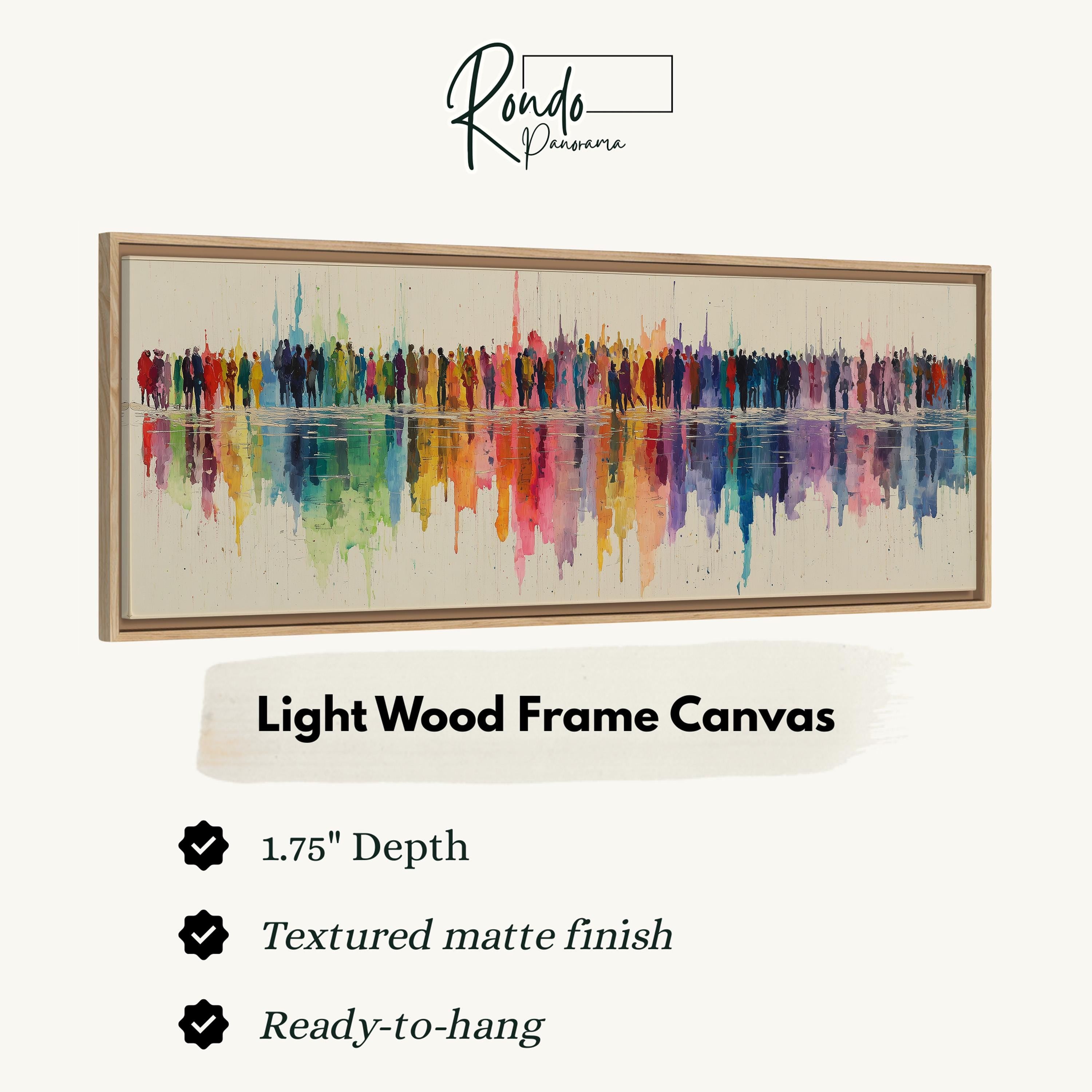 The image is a framed artwork depicting a colorful abstract painting with a water-like effect, hanging on a wall.