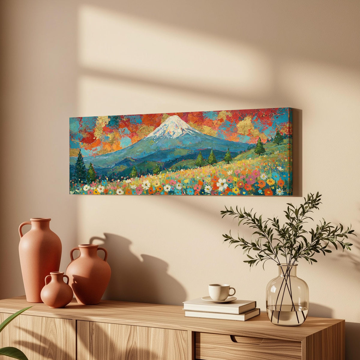 Mount Fuji under a red and gold sunset sky long horizontal canvas print above a wooden sideboard