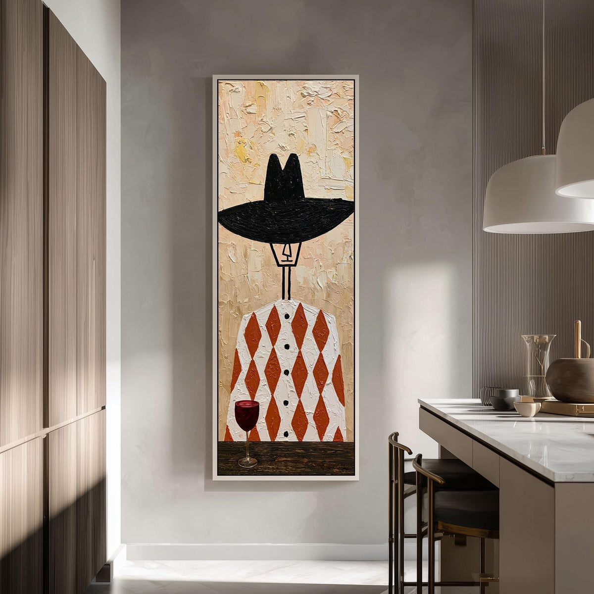 Folk figure in a black hat with red wine tall skinny canvas print in a modern kitchen