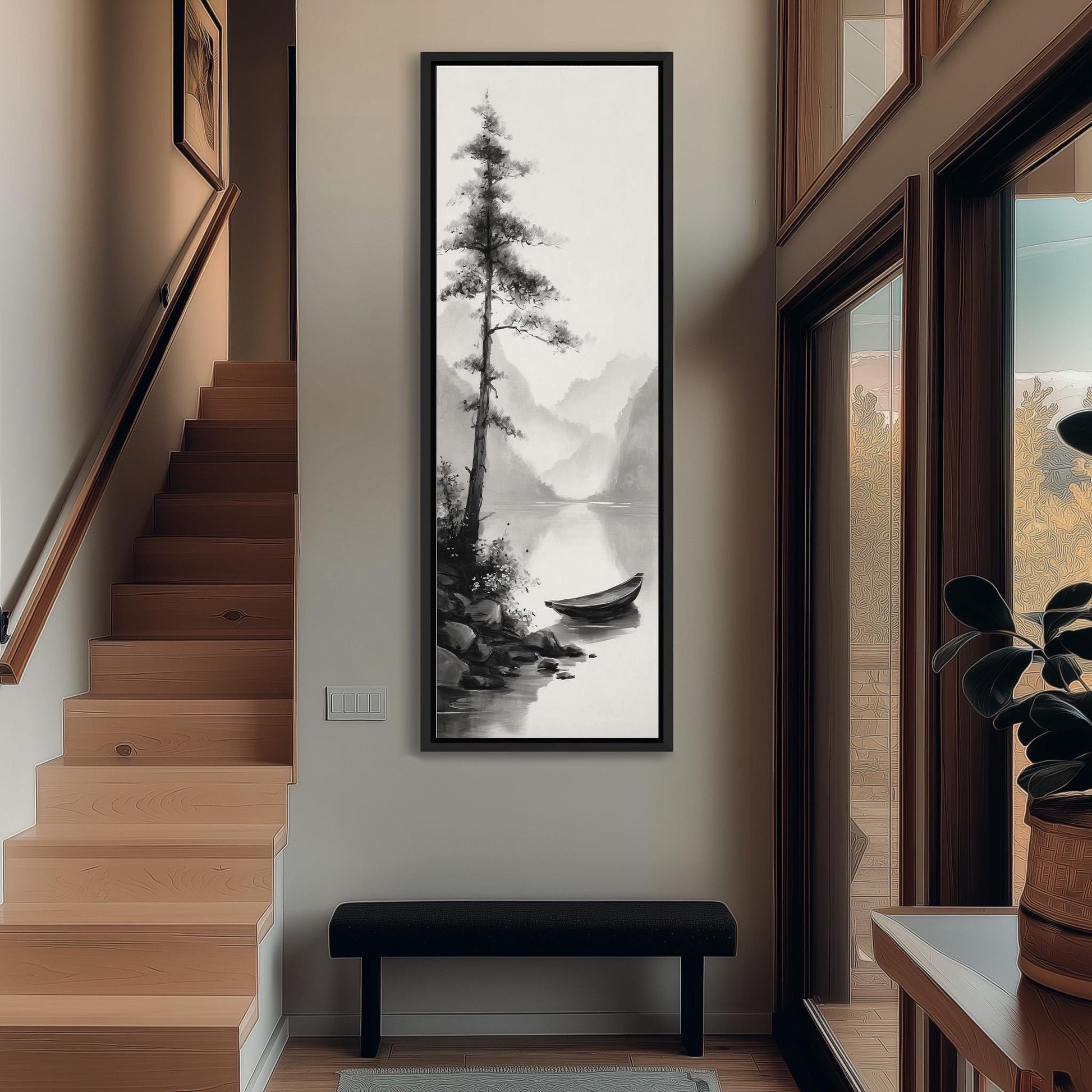 a serene indoor setting with a large black and white painting of a boat on a lake hanging on the wall. The painting is framed and appears to be the focal point of the room. The room also includes a staircase, a bench, and a potted plant, creating a cozy and inviting atmosphere.