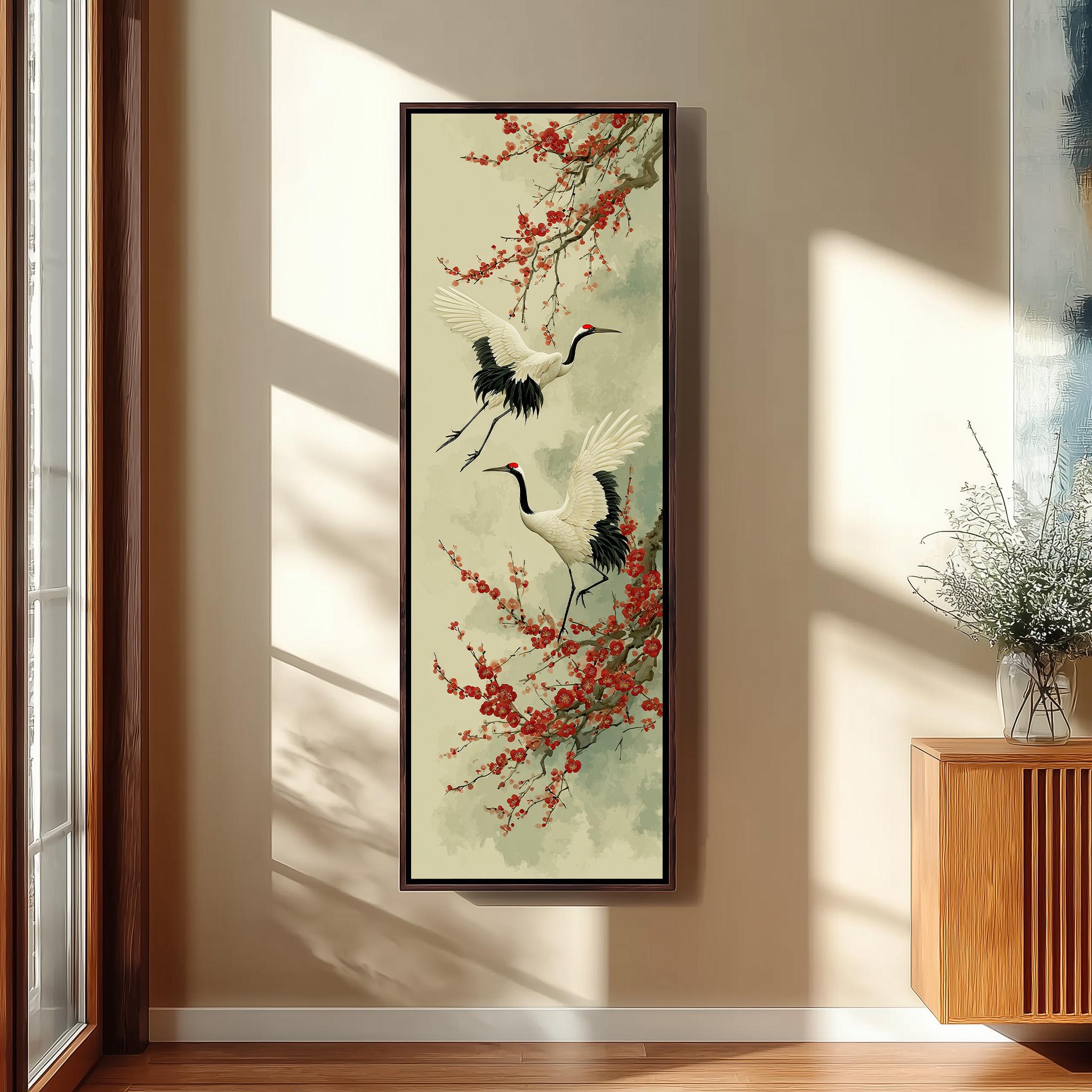 a large framed painting of two white birds with black and red accents, perched on branches with red flowers, hanging on a wall in a room with a wooden cabinet and a vase of flowers.