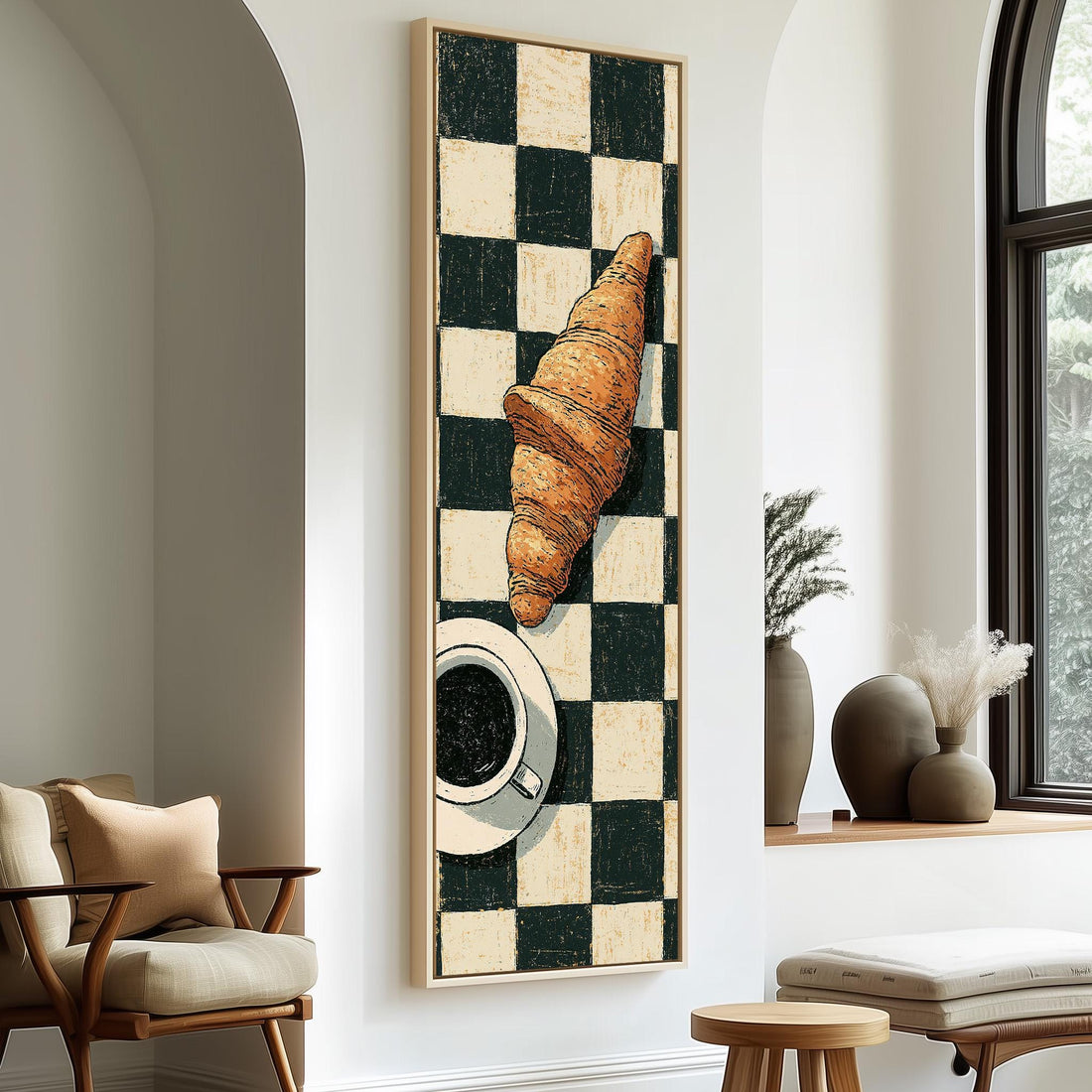 Croissant and coffee on a checkered tablecloth long vertical canvas print in a sunlit living space
