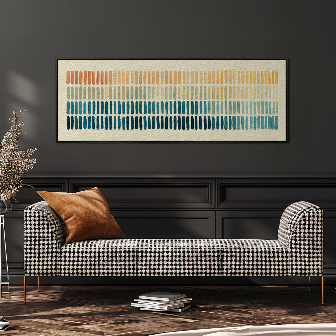a large, rectangular abstract painting hanging on a wall above a brown sofa.