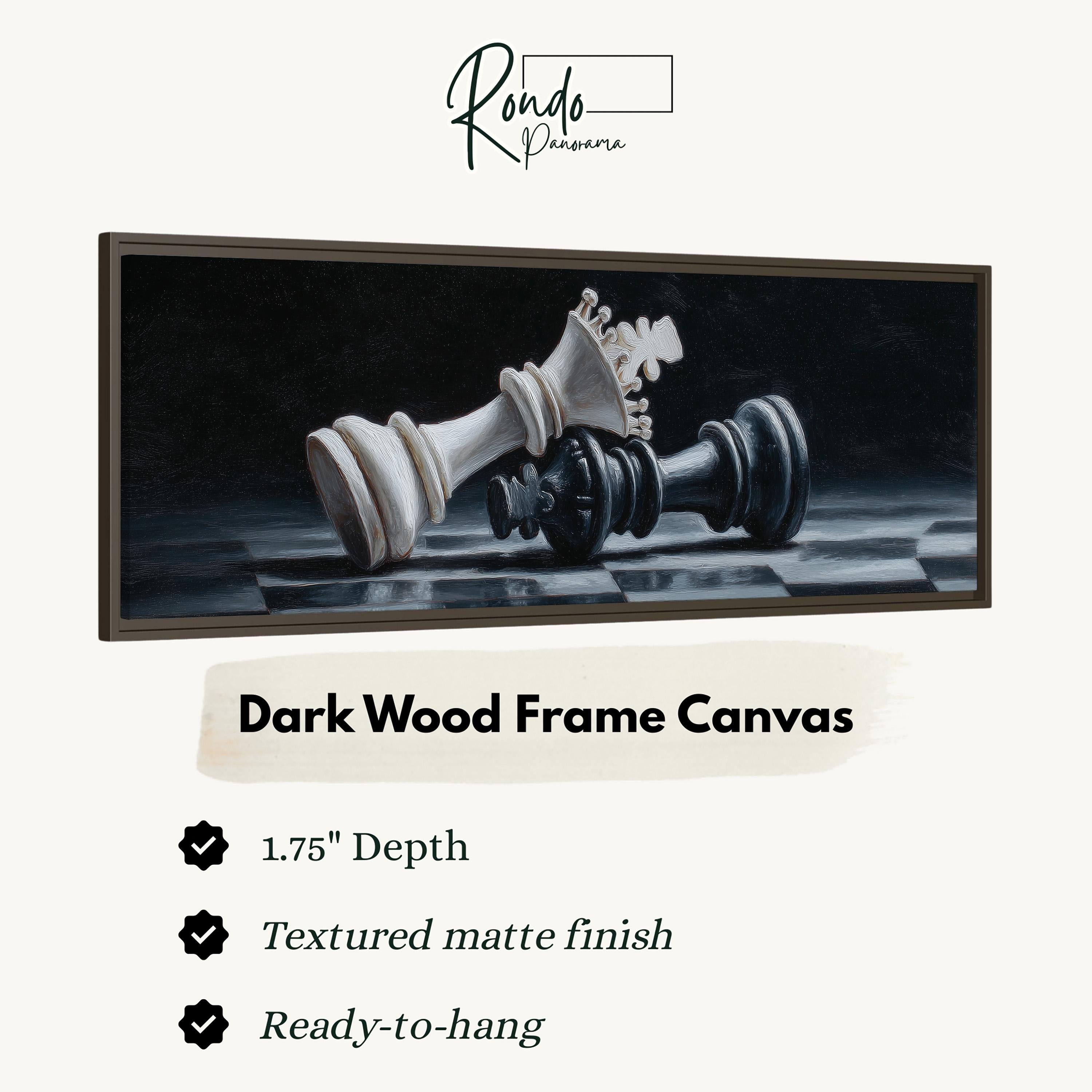 The image is a dark wood frame canvas depicting a chess king and a chess piece on a chessboard.