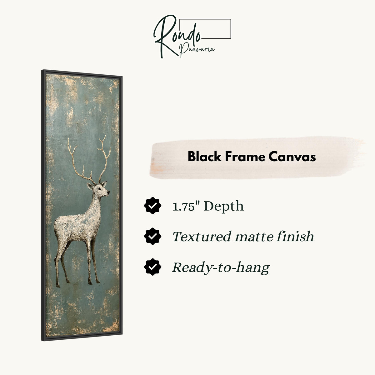Pale stag with gold antlers on distressed teal canvas print in a black floating frame