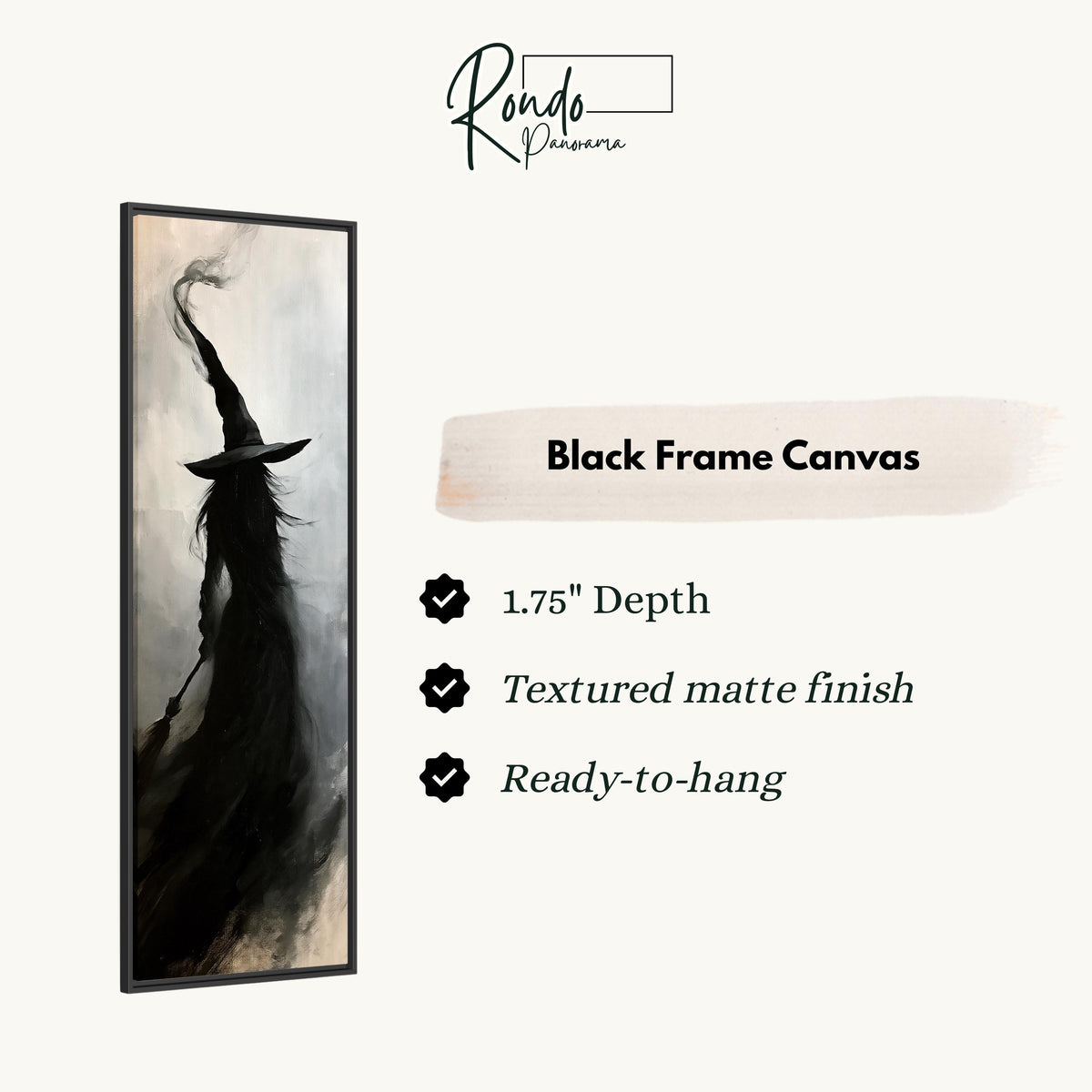 Witch silhouette with a tall hat in smoke canvas print in a black floating frame