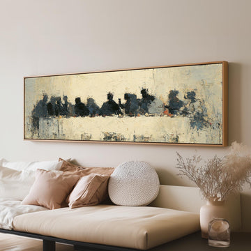 Abstract silhouette Last Supper long horizontal canvas print above a sofa in a living room