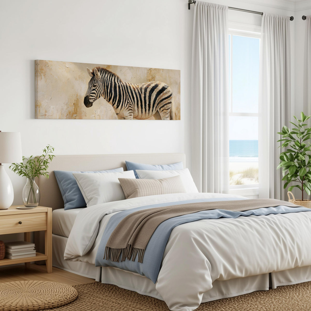 Zebra on a sandy textured background panoramic canvas print above a bed in a coastal bedroom