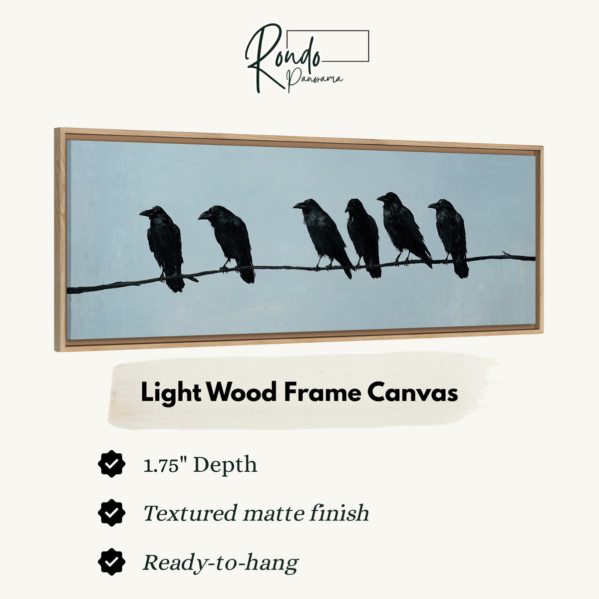 Ravens spaced along a wire canvas print in a light wood floating frame