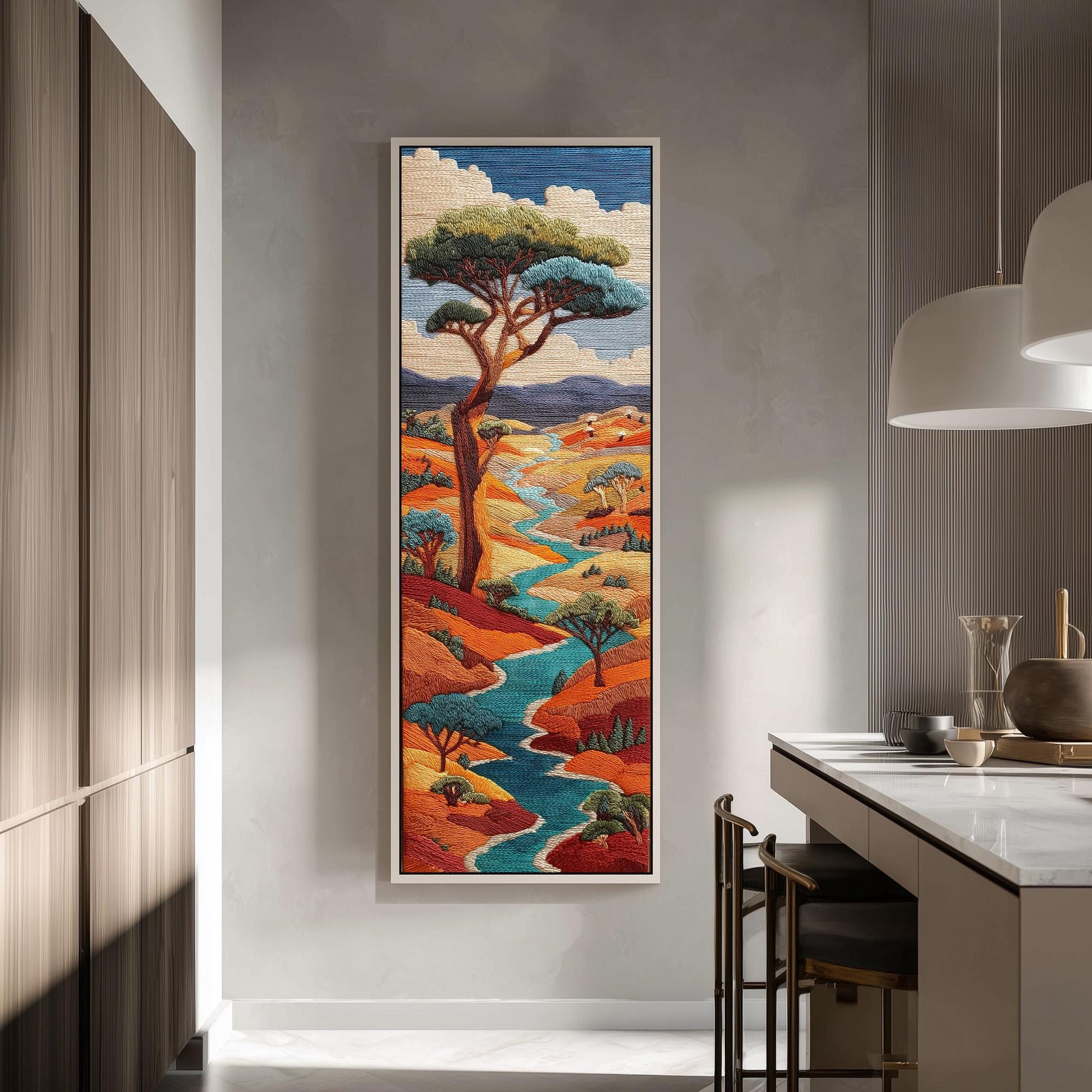 a large, colorful tapestry hanging on a wall in a modern kitchen.