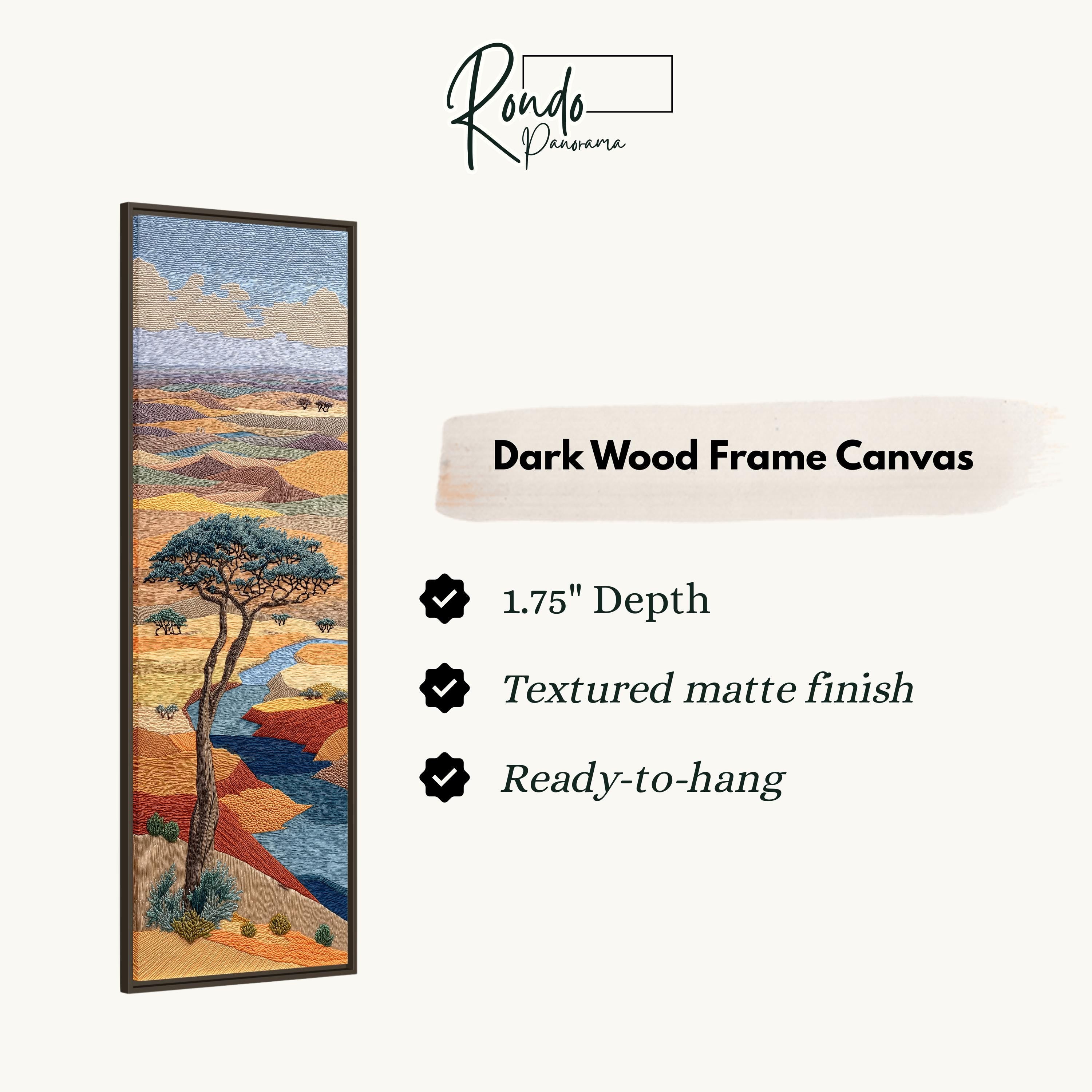 The image is a vertical text box containing information about a dark wood frame canvas.