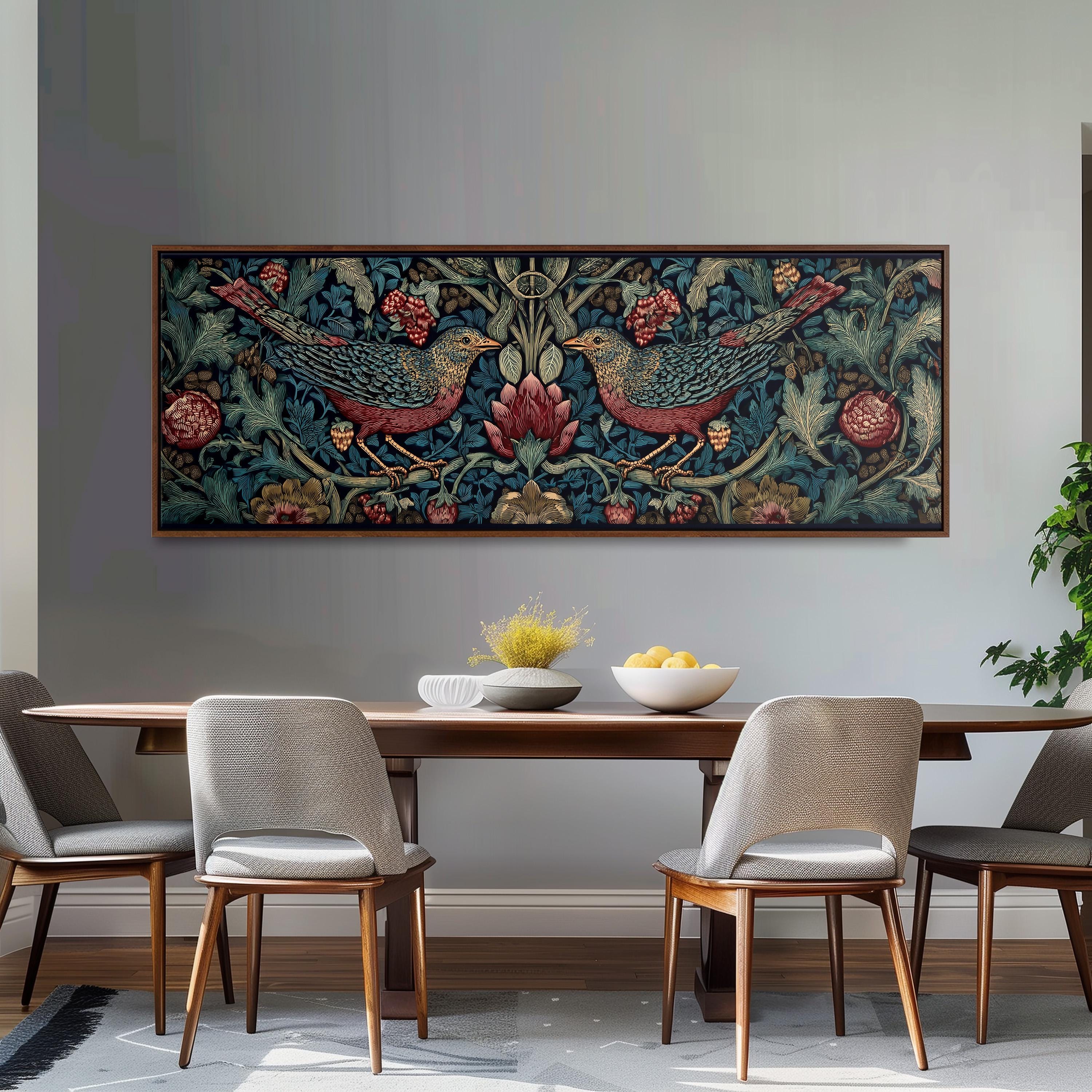 a dining room with a large, colorful tapestry hanging on the wall above a wooden dining table with four chairs. The table is set with a bowl of fruit and a vase of flowers, creating a welcoming and elegant atmosphere.