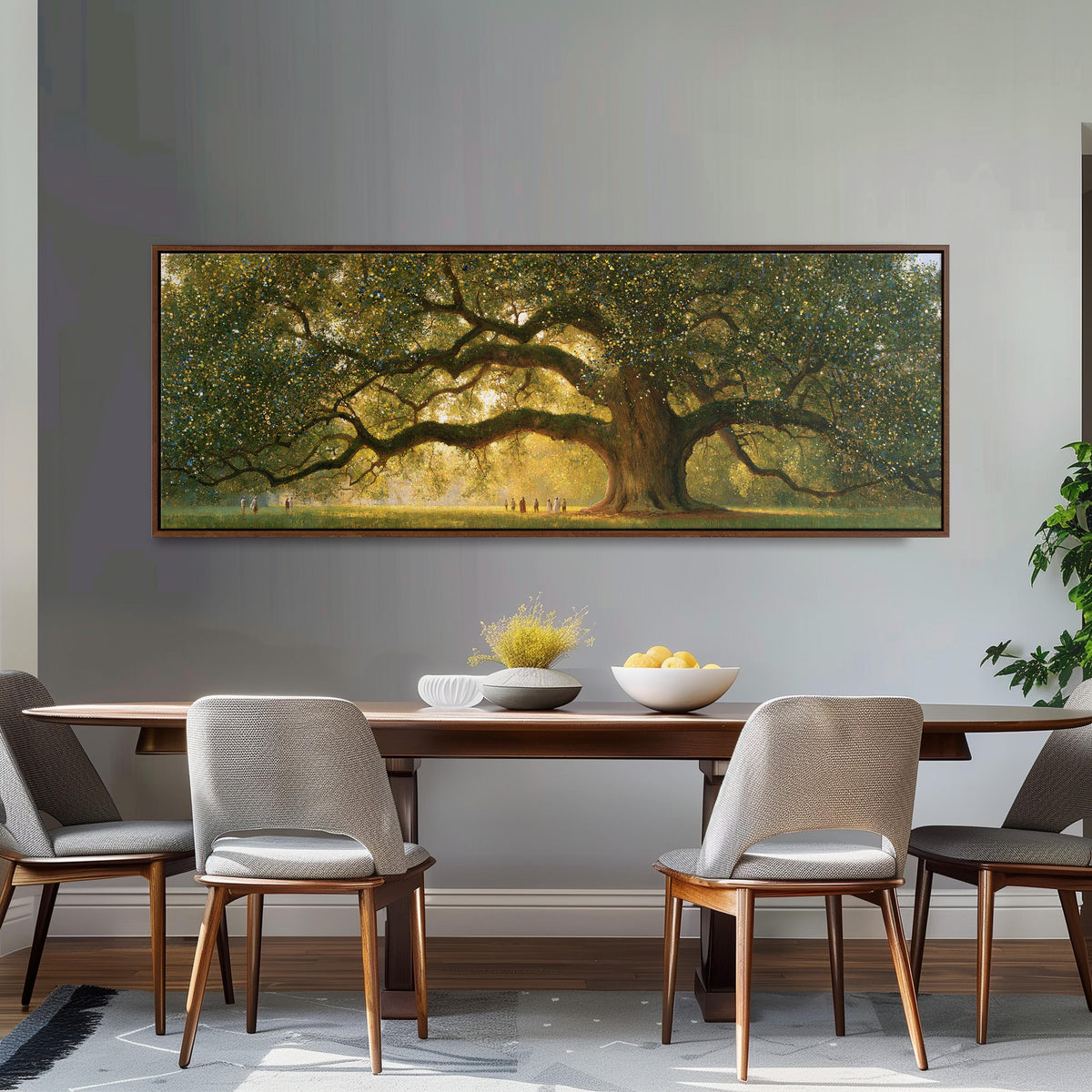 Golden oak tree in a park long horizontal canvas print above a dining table