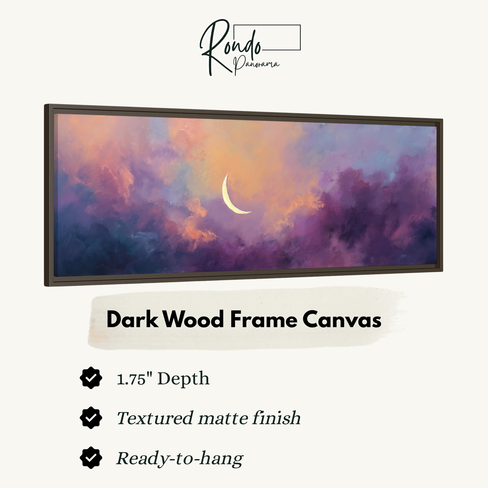 The image is a dark wood frame canvas depicting a crescent moon against a colorful sky with clouds.