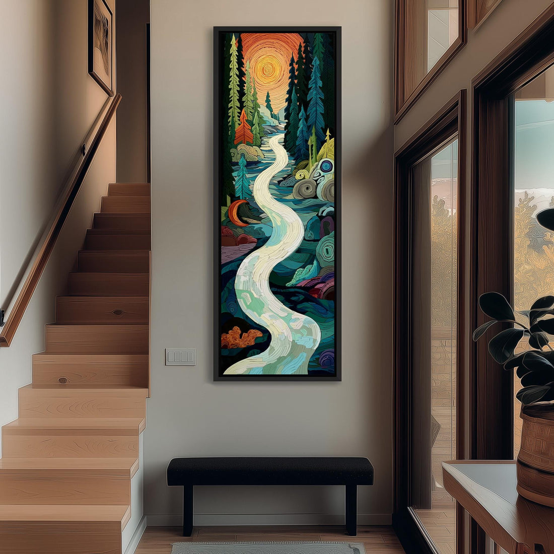 a large, colorful painting of a winding river surrounded by a forest landscape, with a sun-filled sky in the background.
