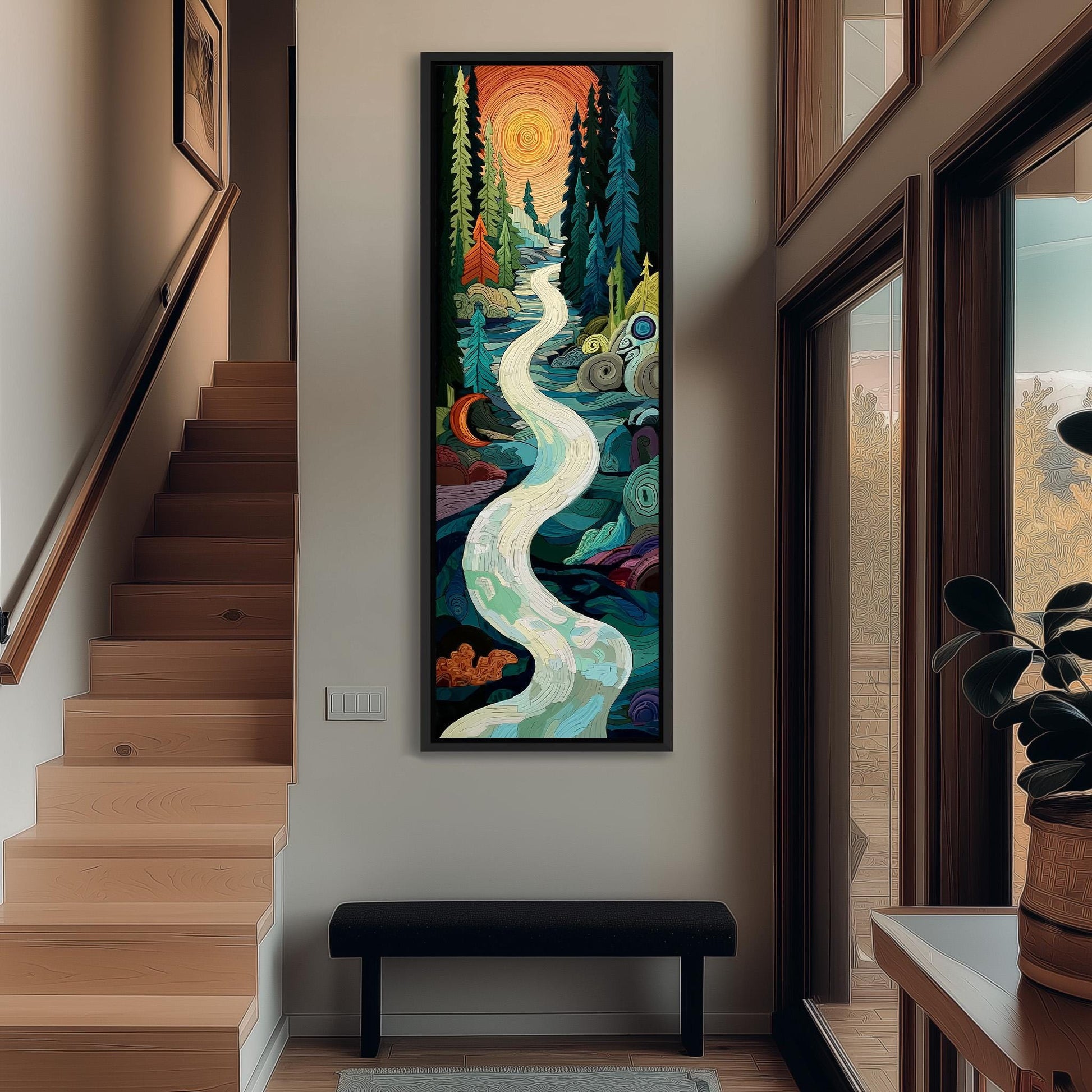 a large, colorful painting of a winding river or stream, hanging on a wall in a hallway. The painting is surrounded by various other elements, such as a staircase, a bench, and a potted plant, creating a cozy and inviting atmosphere.
