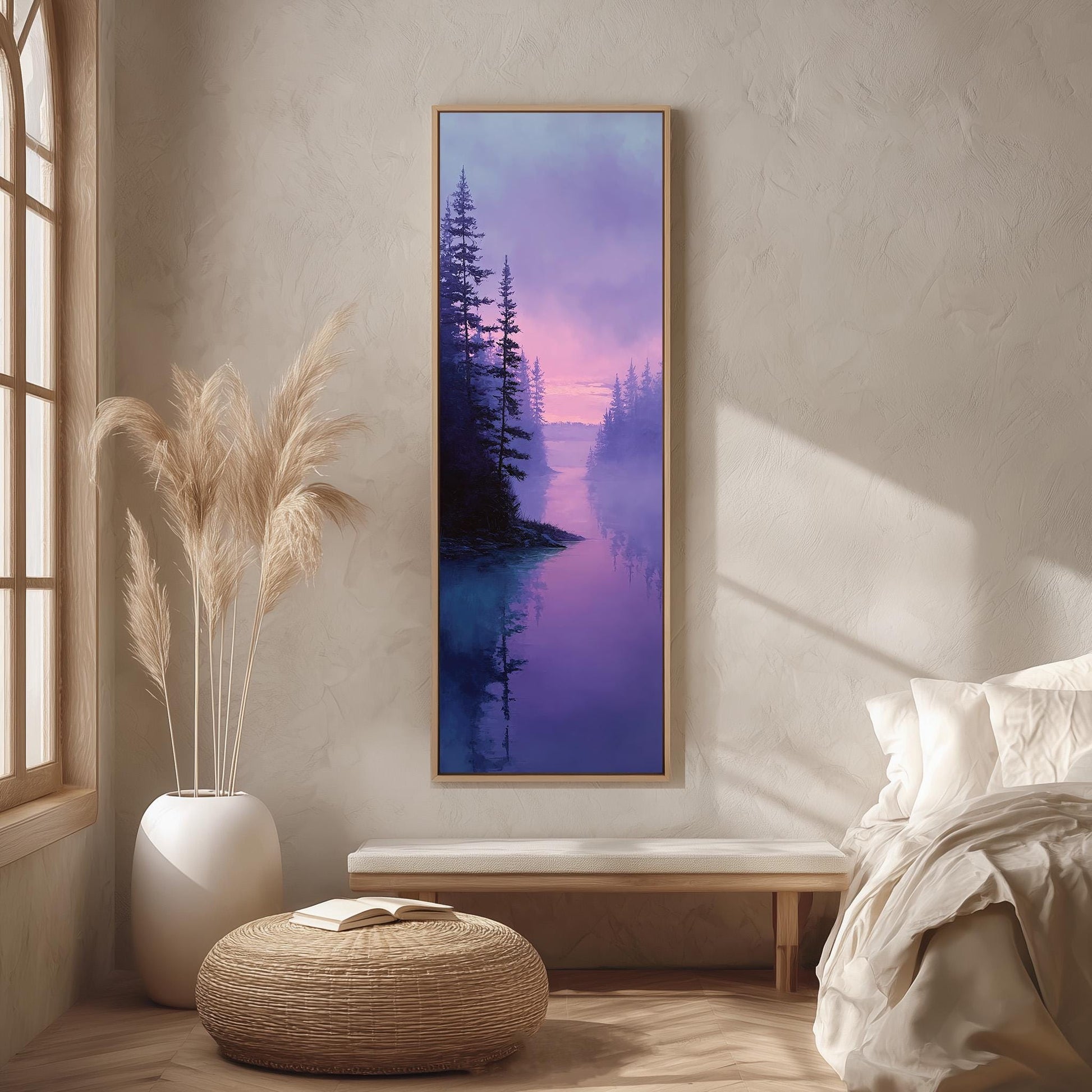 a serene bedroom scene with a large window, a painting of a forest landscape, a white bench, and a woven ottoman.