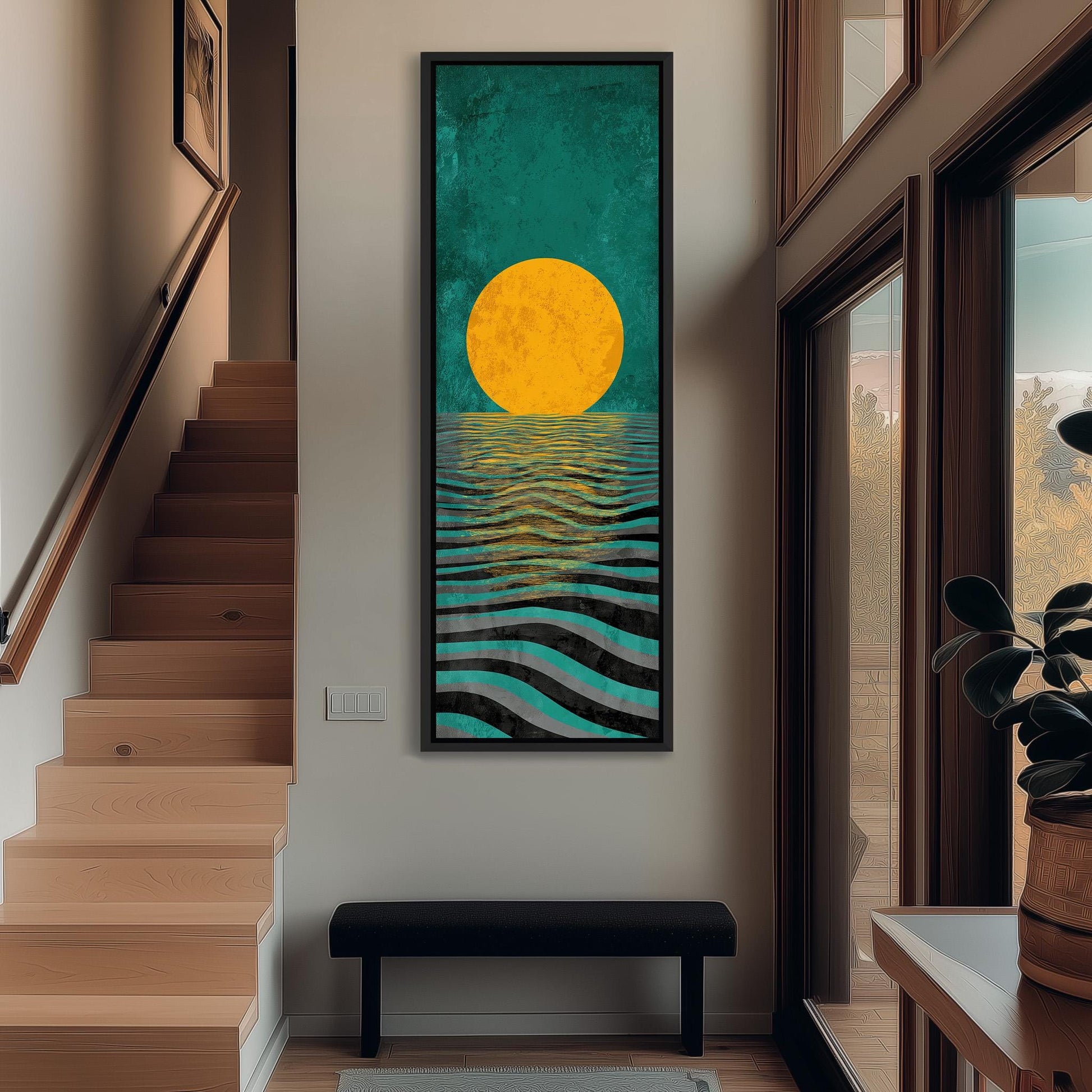 a large, colorful painting of a sunset over the ocean, hanging on the wall of a hallway.