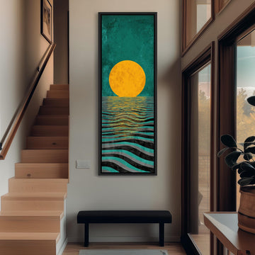 a large, colorful painting of a sunset over the ocean, hanging on the wall of a hallway.