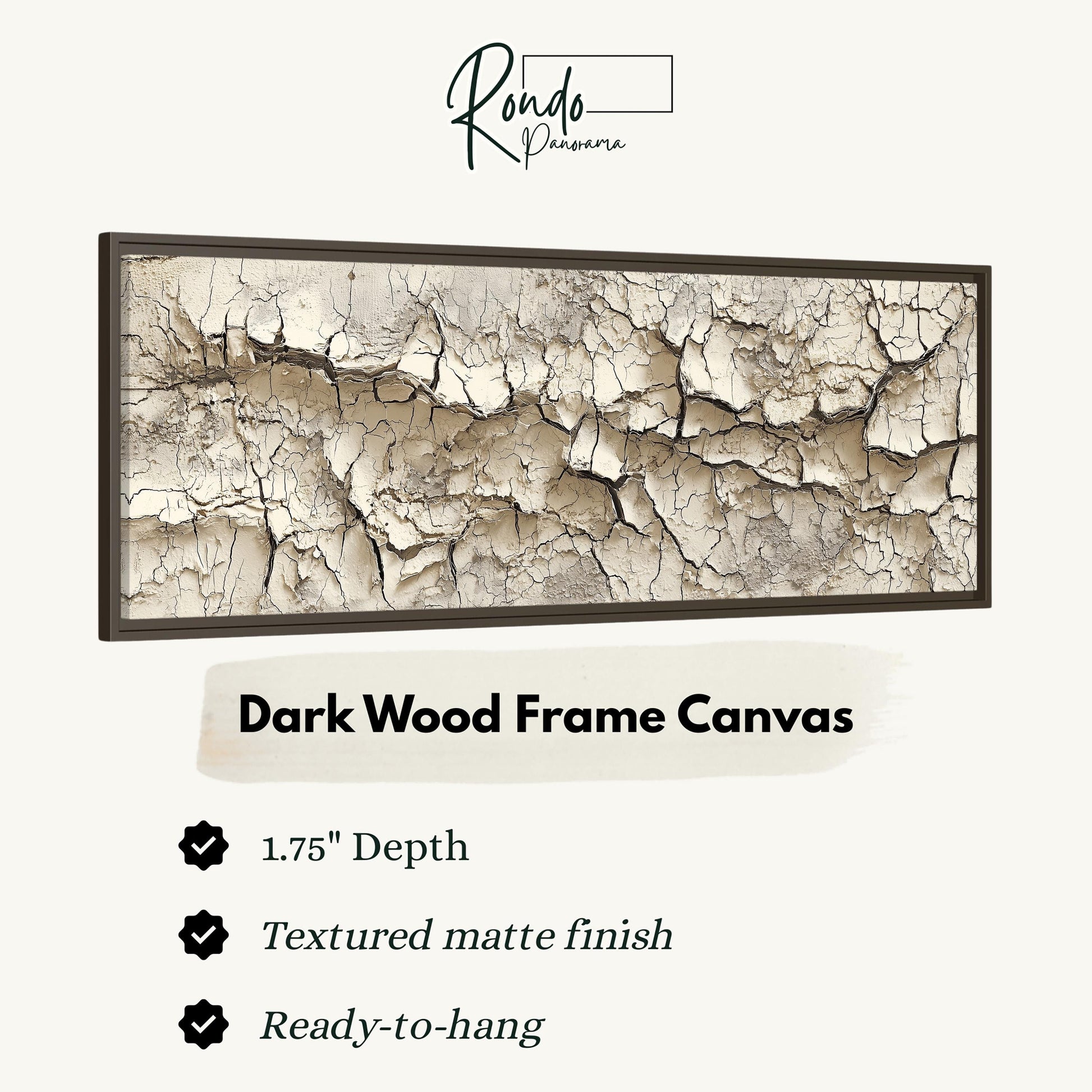 The image is a dark wood frame canvas with a textured matte finish, measuring 1.75" in depth. It is ready to hang and has a textured matte finish.