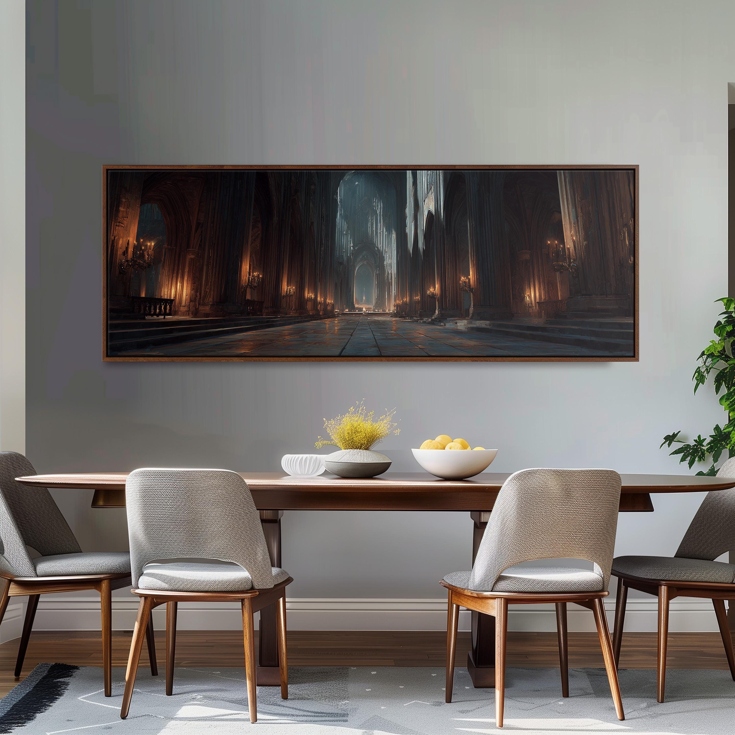 a dining room with a large painting of a cathedral scene hanging on the wall above a wooden dining table with four chairs. The table is set with a bowl of fruit and a vase of flowers, creating a cozy and inviting atmosphere.