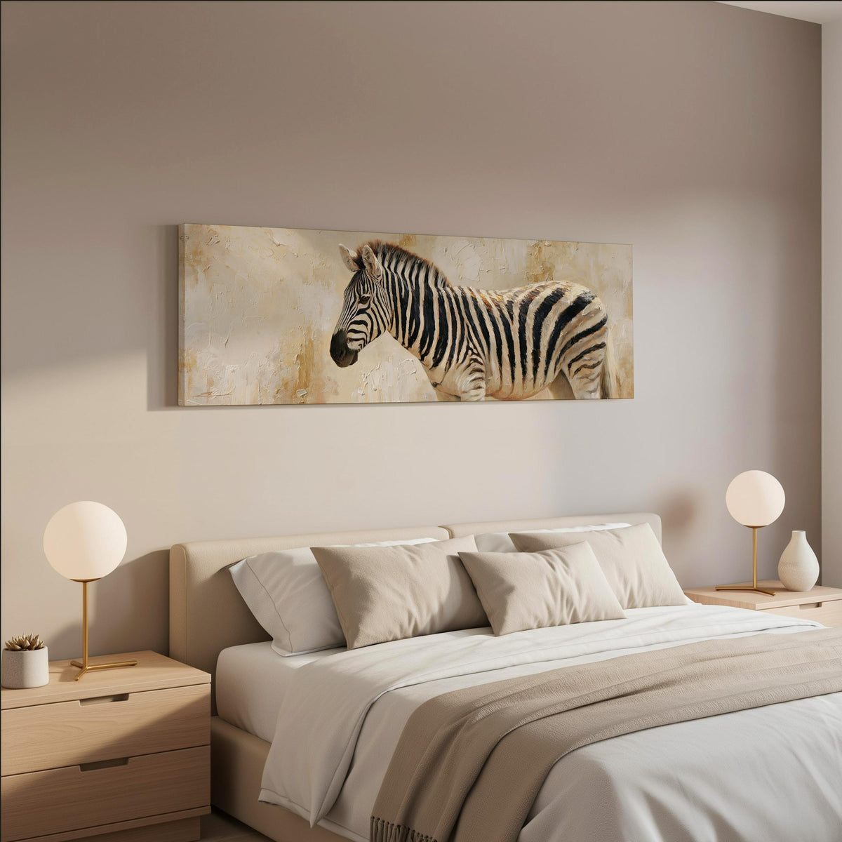 Zebra on a sandy textured background wide panoramic canvas print above a bed in a neutral bedroom