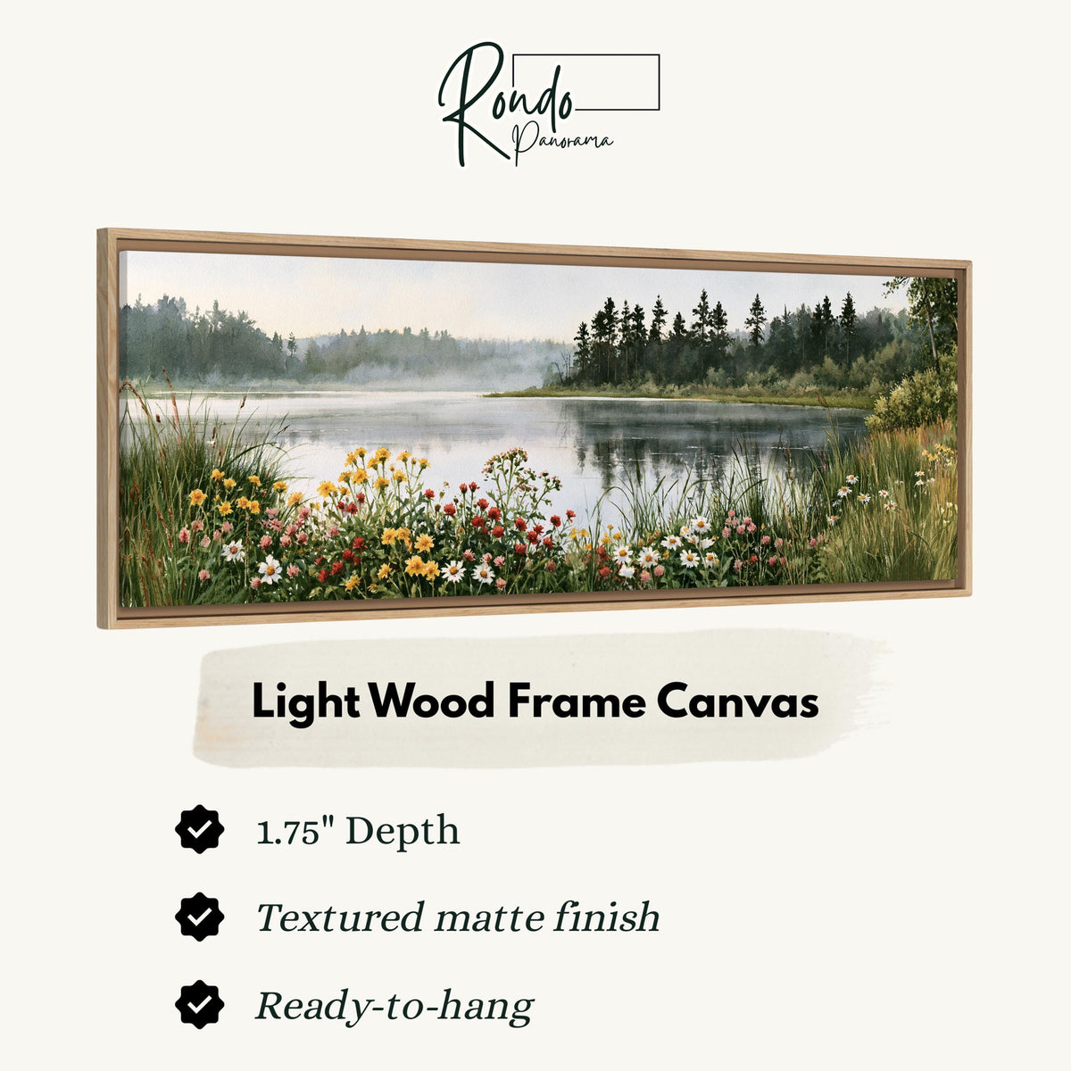 Lake with wildflowers on the shore canvas print in a light wood floating frame