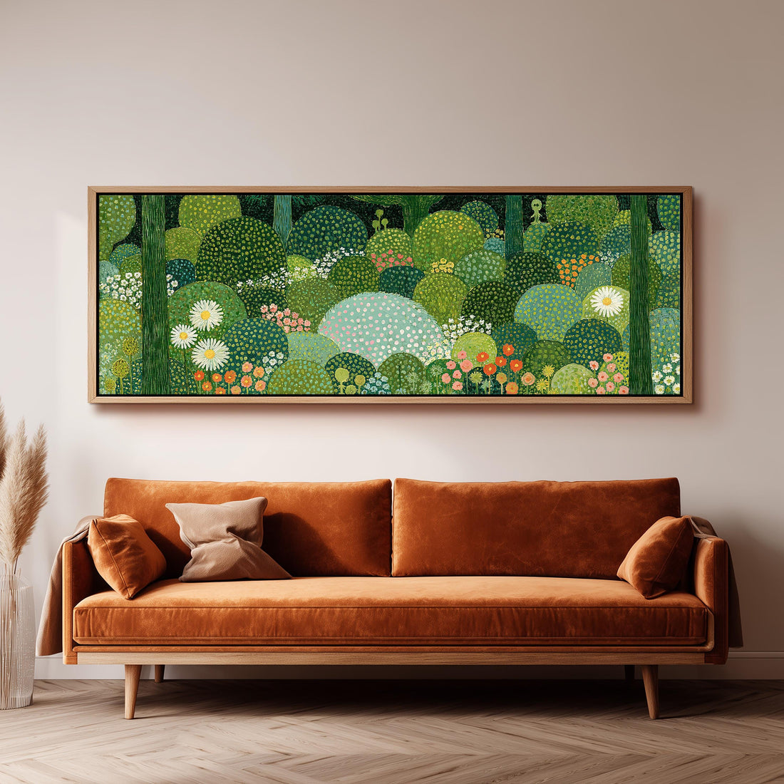 Whimsical dotted topiary garden long horizontal canvas print above a sofa in a living room