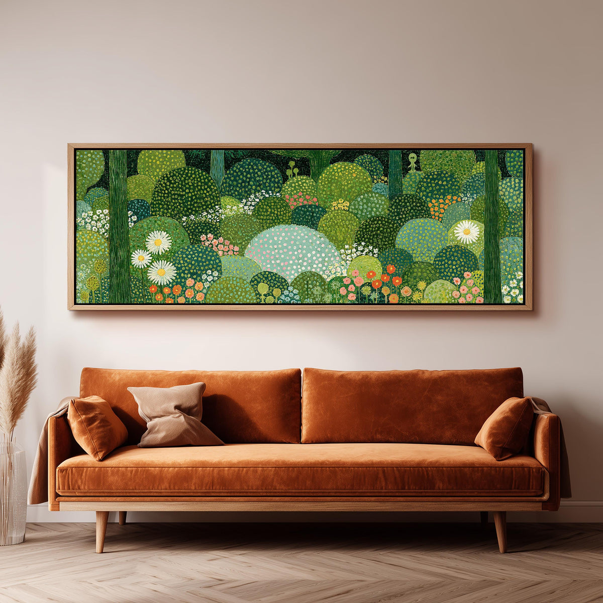 Whimsical dotted topiary garden panoramic canvas print above a sofa in a living room