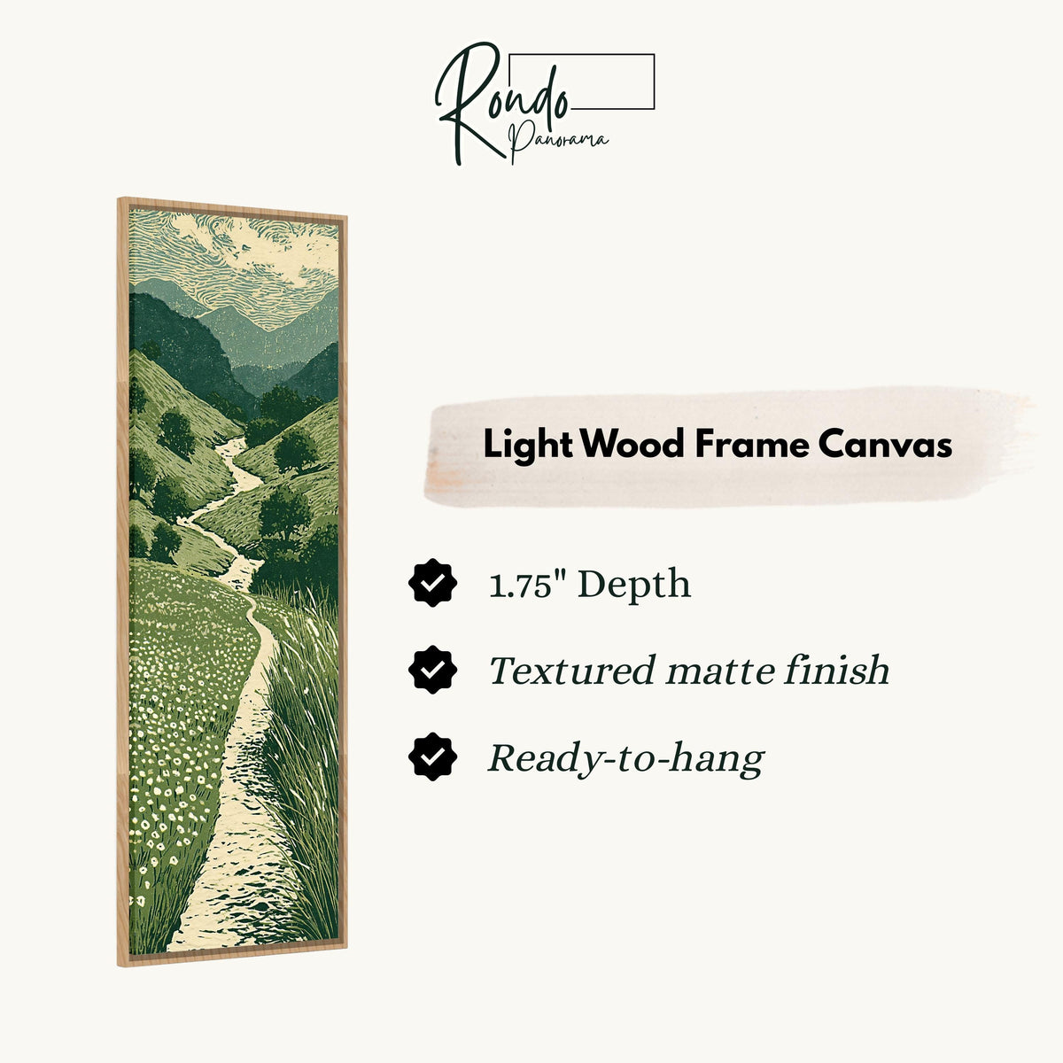 Trail winding through green mountains canvas print in a light wood floating frame