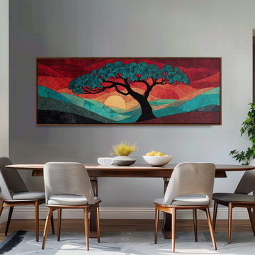 a dining room with a large, colorful painting of a tree and a sunset hanging on the wall above a wooden dining table with four chairs.