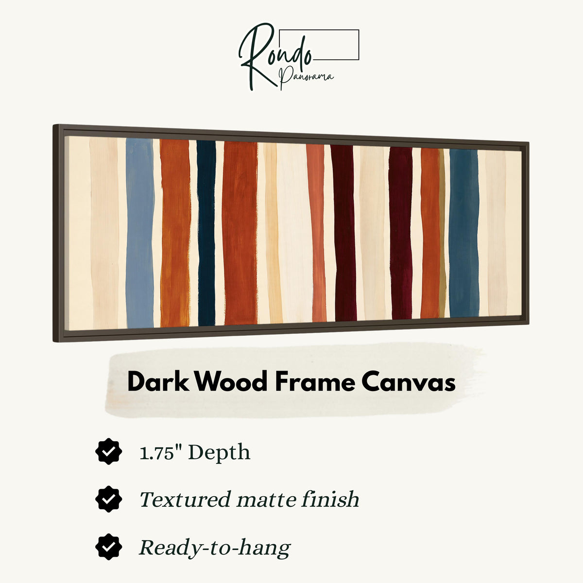 Rust, navy and maroon stripes canvas print in a dark wood floating frame