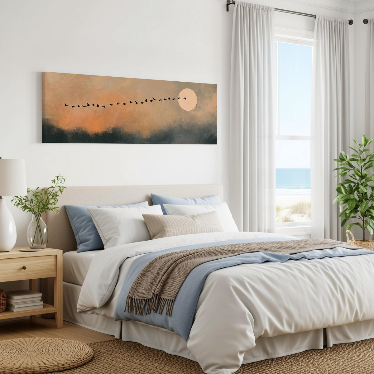 Migrating birds passing a moon at peach dusk panoramic canvas print above a bed in a coastal bedroom