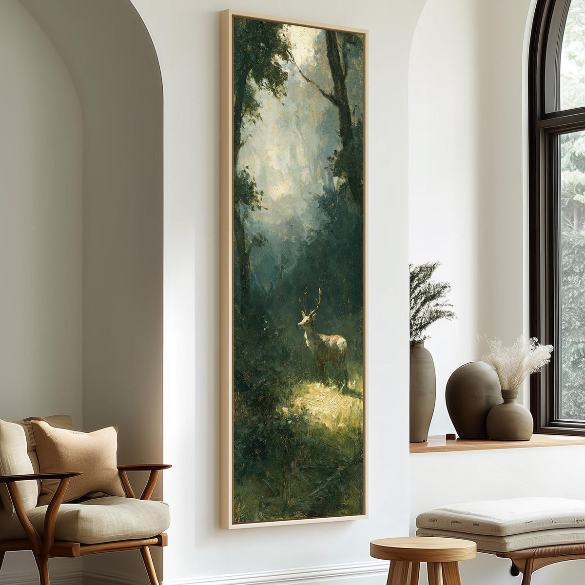 Deer in a misty forest glade tall skinny canvas print in a sunlit living space