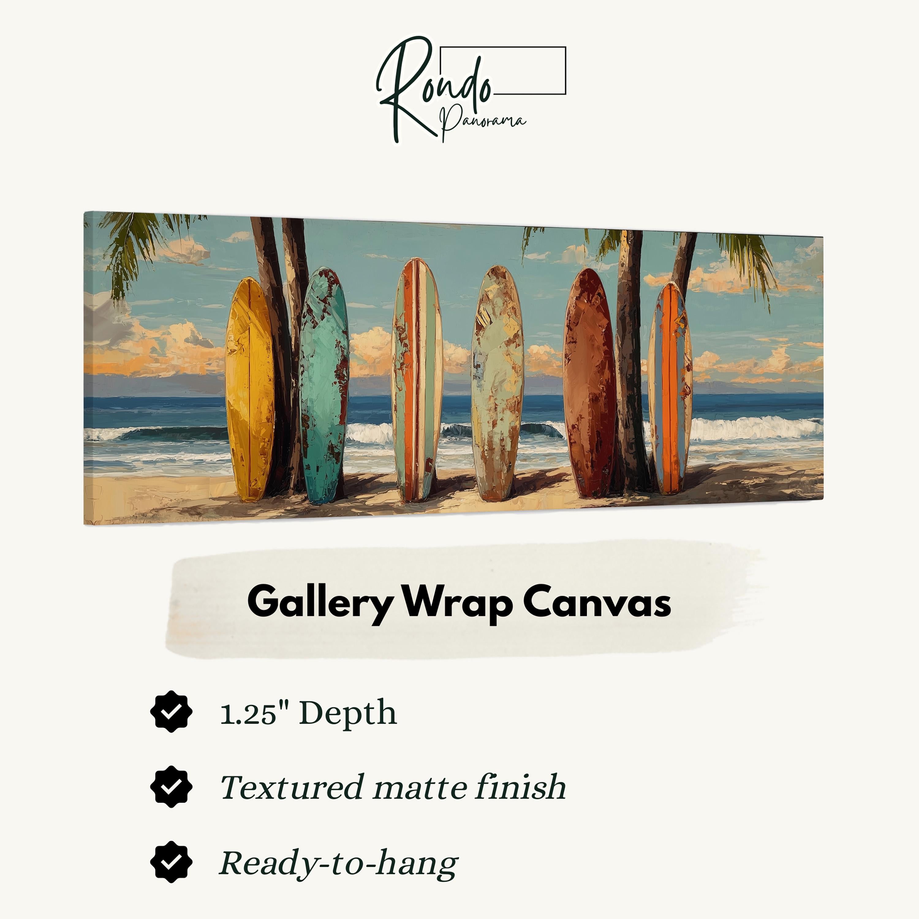 A gallery wrap canvas featuring a beach scene with six surfboards lined up on the sand, with palm trees and a sunset in the background.