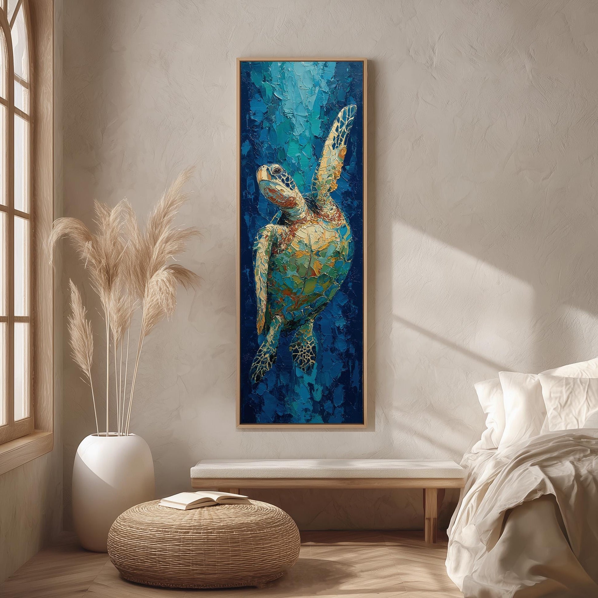 a large painting of a sea turtle hanging on a wall in a room with a bed, a wicker ottoman, and a potted plant.