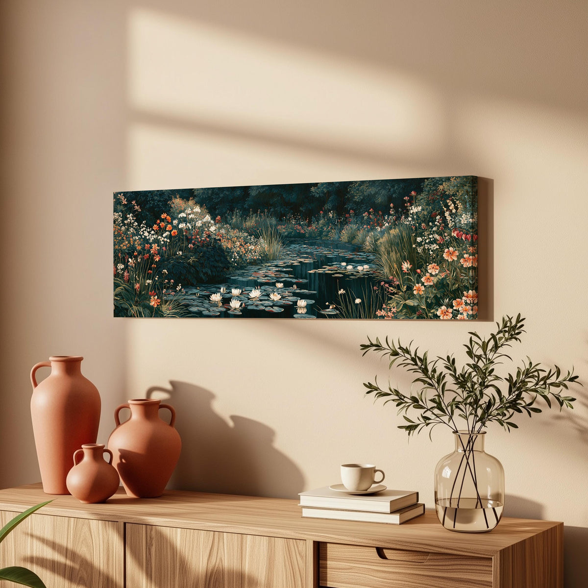 Lily pond surrounded by wildflowers long horizontal canvas print above a wooden sideboard