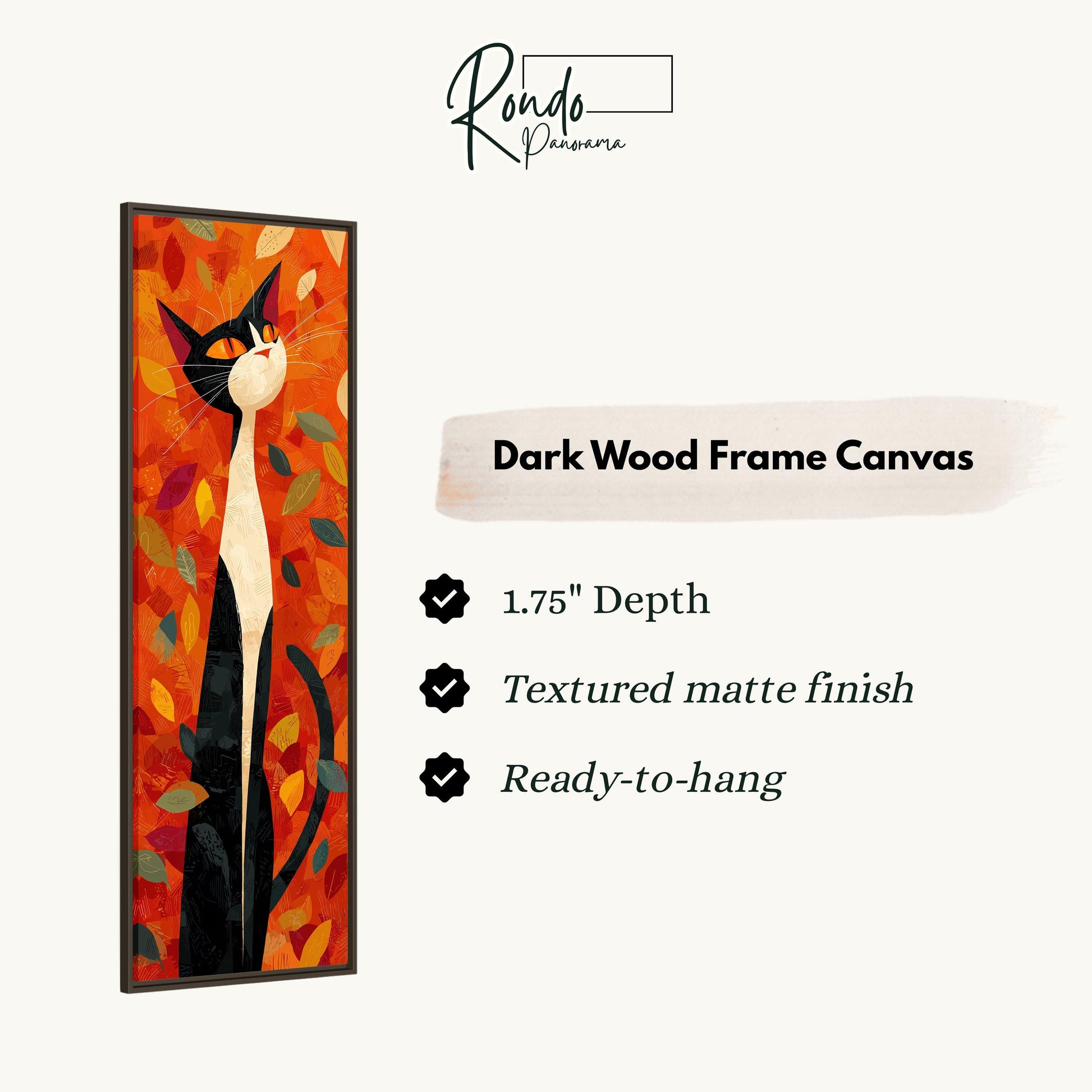 The image is a rectangular dark wood frame canvas featuring a black and white cat with a vibrant orange and red background.
