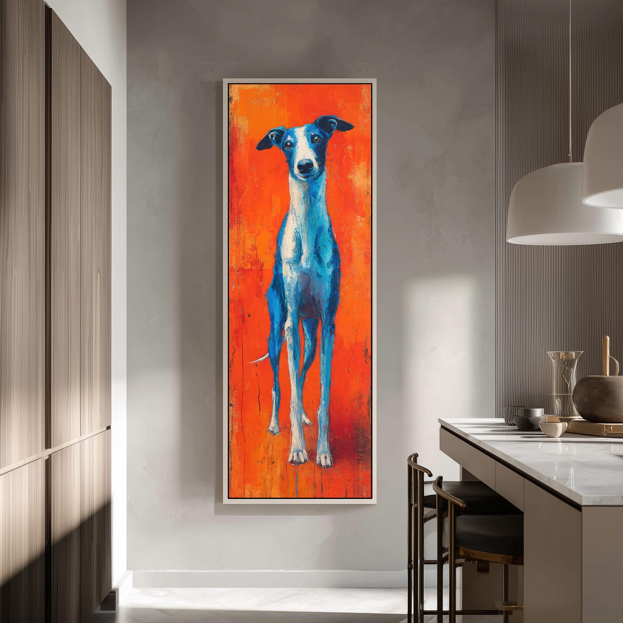 a large, vibrant painting of a dog in an orange and blue color scheme, hanging on a wall in a modern kitchen.