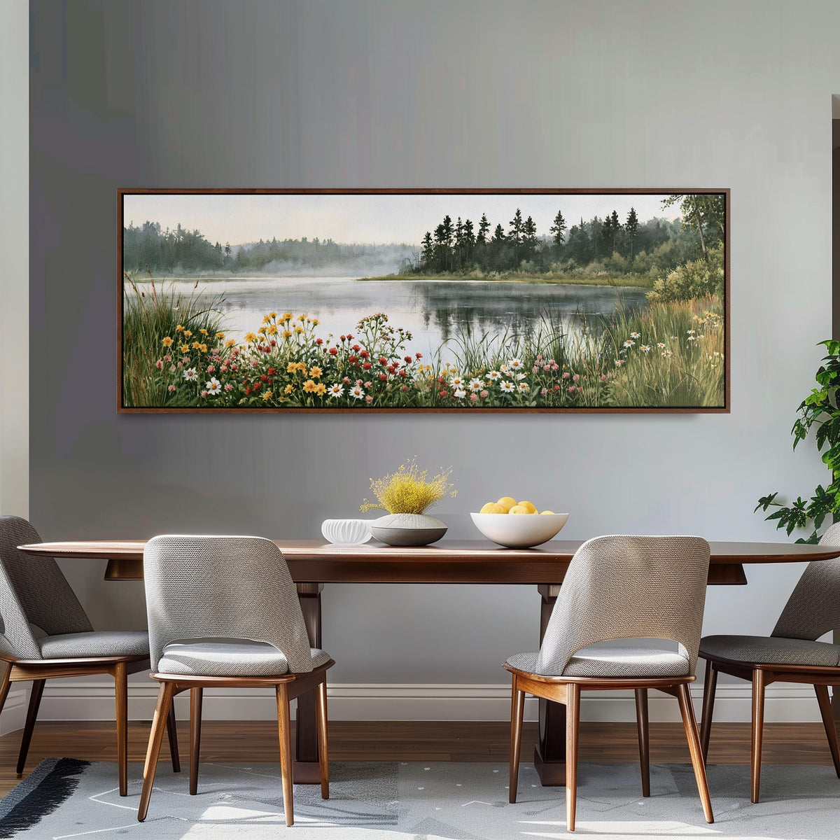 Lake with wildflowers on the shore long horizontal canvas print above a dining table