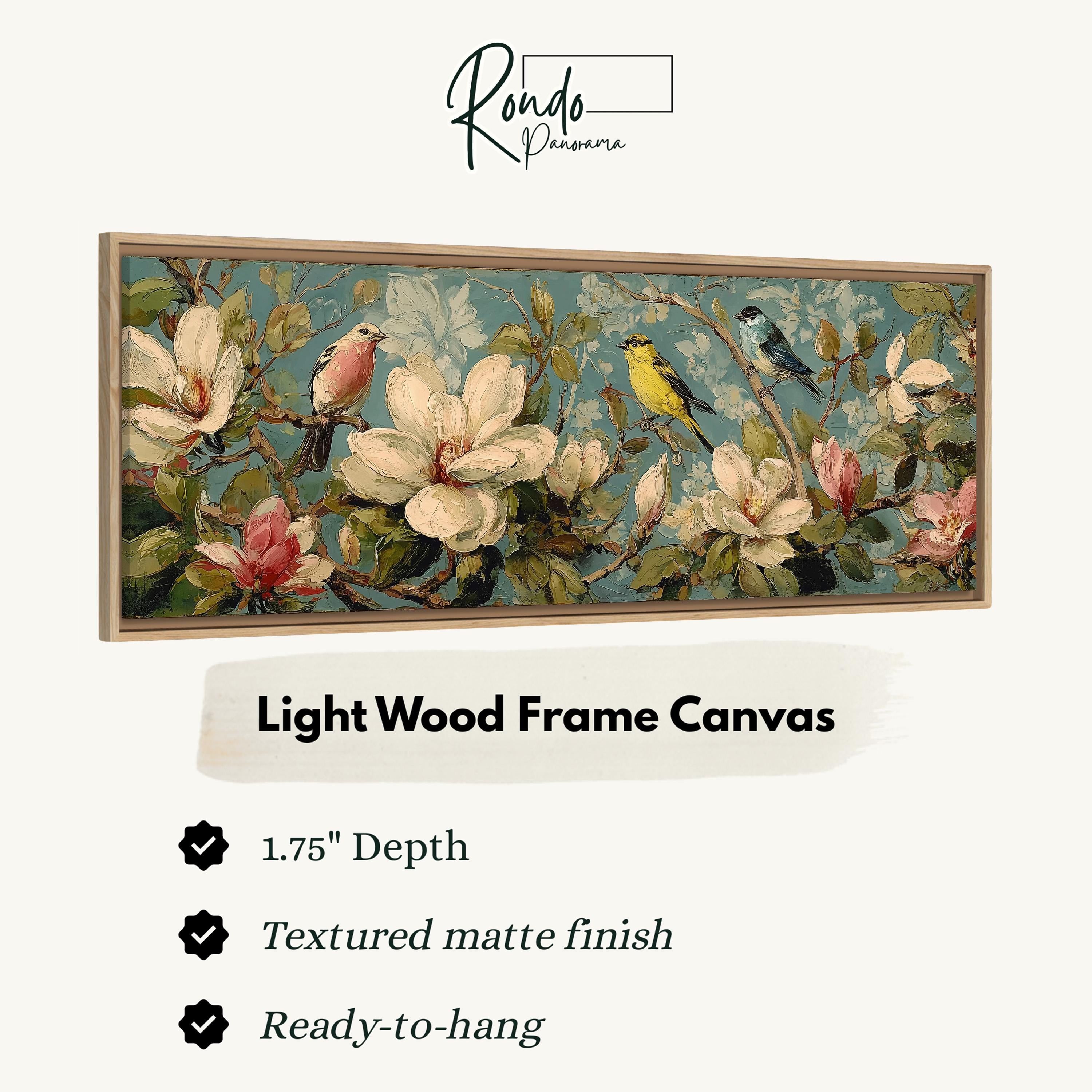 The image is a light wood frame canvas featuring a painting of birds perched on flowers.