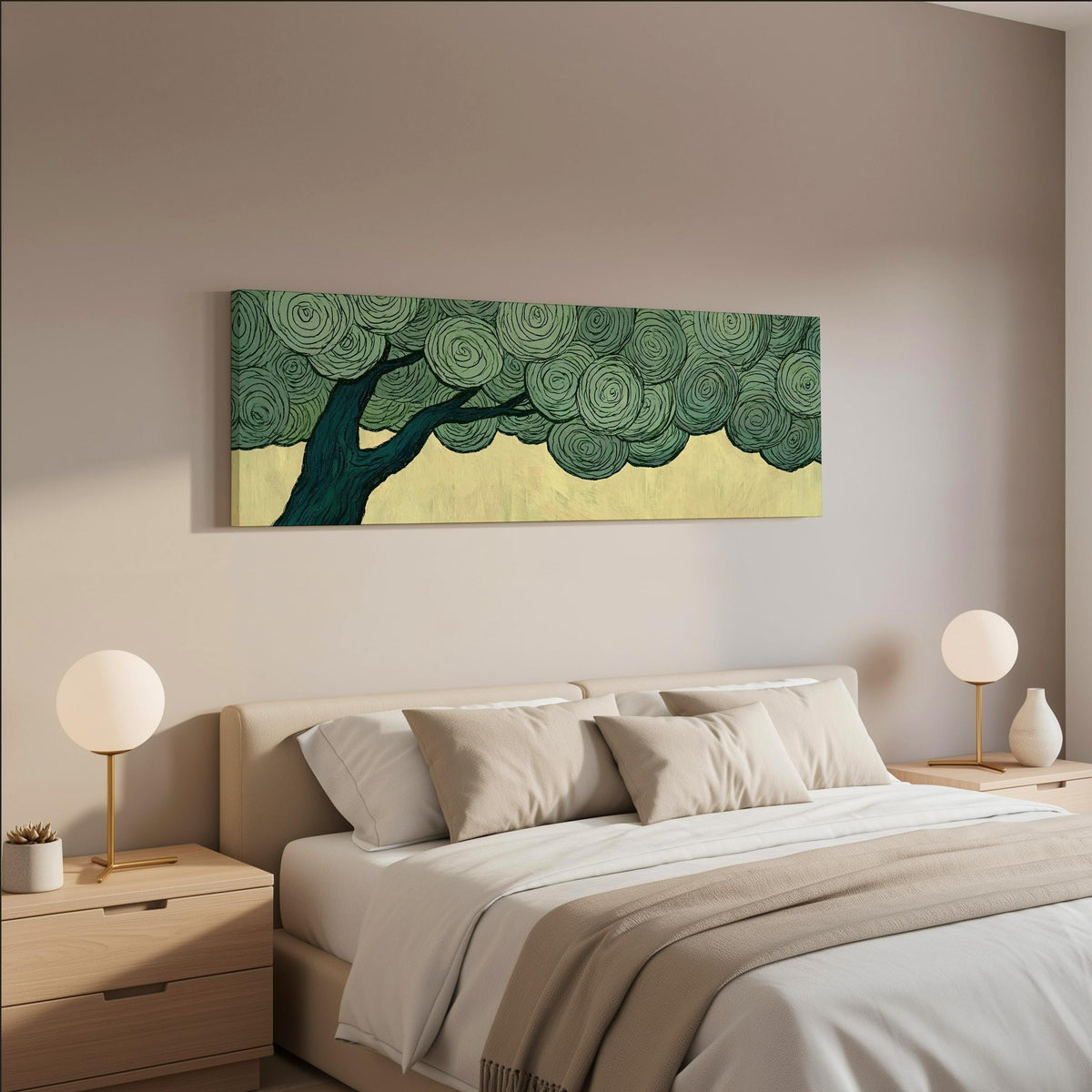 Tree with a swirling green canopy wide panoramic canvas print above a bed in a neutral bedroom
