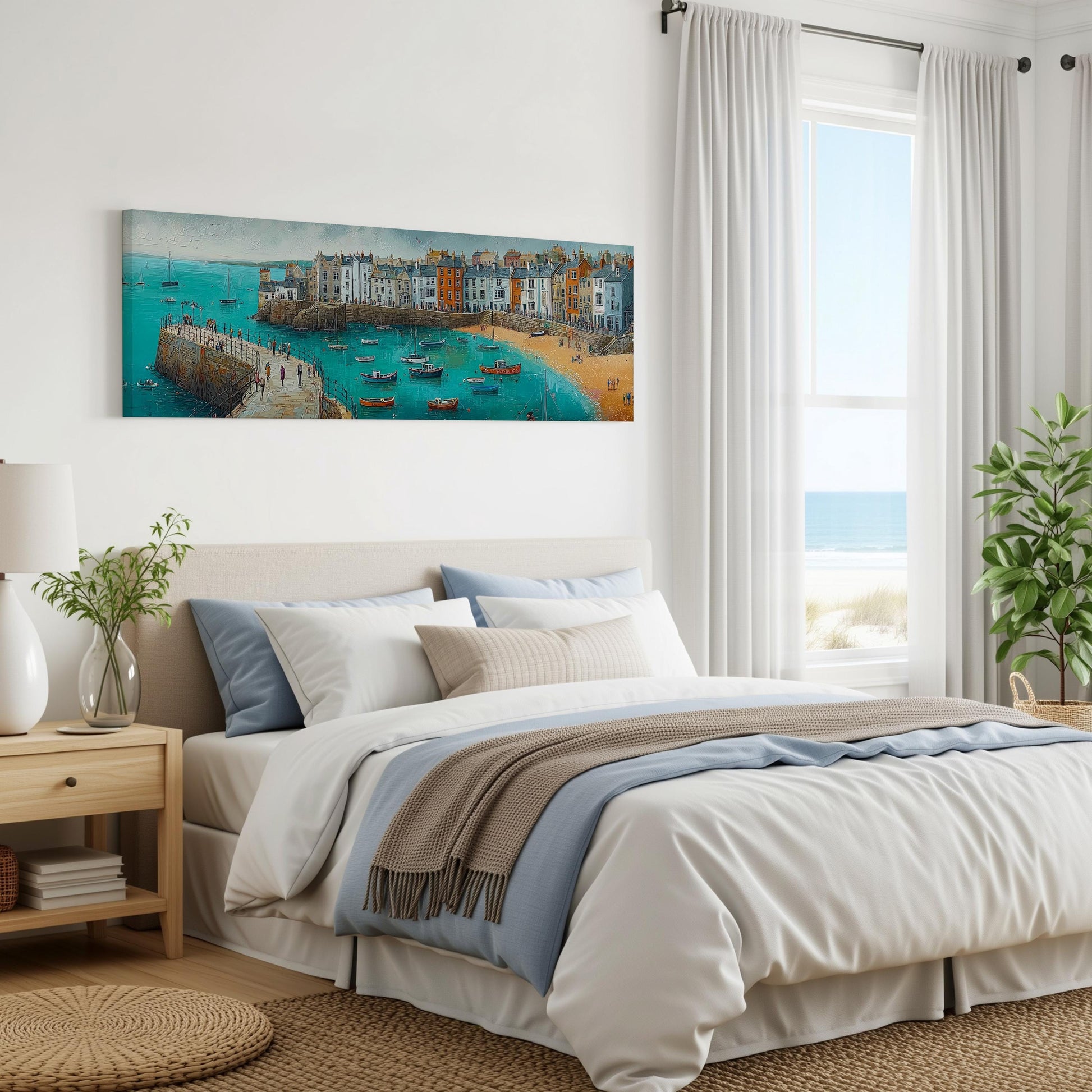 a serene bedroom with a large bed, a nightstand, and a painting of a coastal town on the wall. The painting features a beach, boats, and a lighthouse, creating a picturesque scene. The room is decorated with a neutral color palette and has a view of the ocean through a window.
