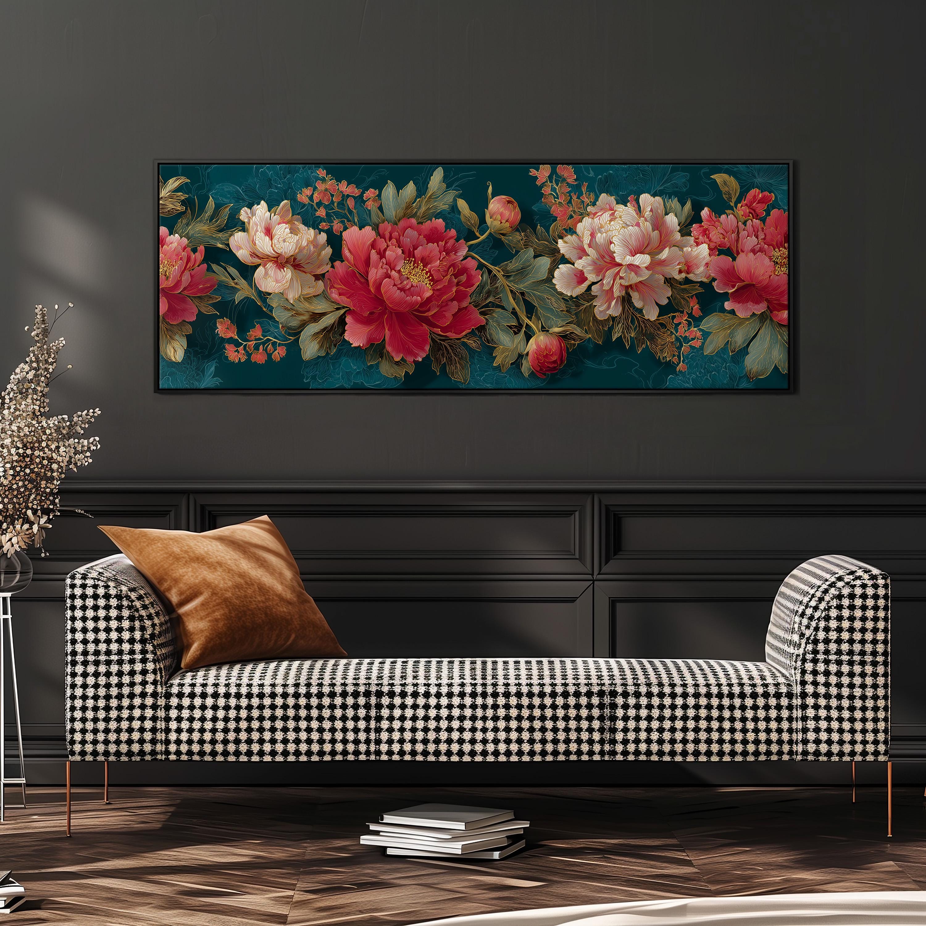 a large floral print hanging on a wall above a black and white checkered sofa with a brown throw pillow.
