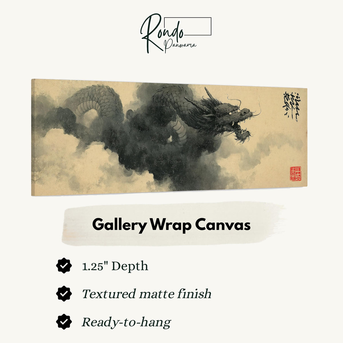 Storm dragon emerging from ink clouds gallery wrap canvas with the image wrapped around the edges