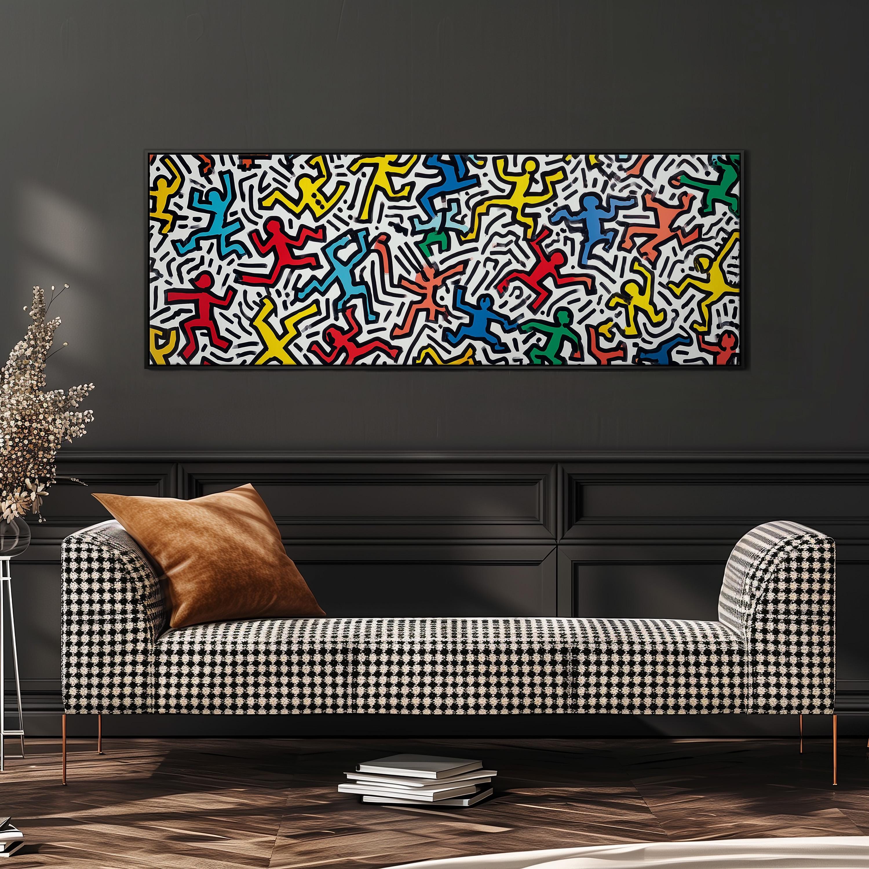 a modern living room with a black and white checkered sofa, a stack of books, and a large abstract painting hanging on the wall above the sofa.