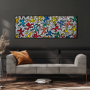 a modern living room with a black and white checkered sofa, a stack of books, and a large abstract painting hanging on the wall above the sofa.