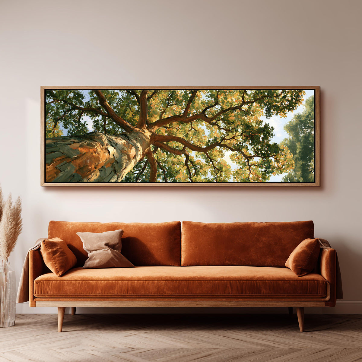 Autumn oak canopy seen from below long horizontal canvas print above a sofa in a living room